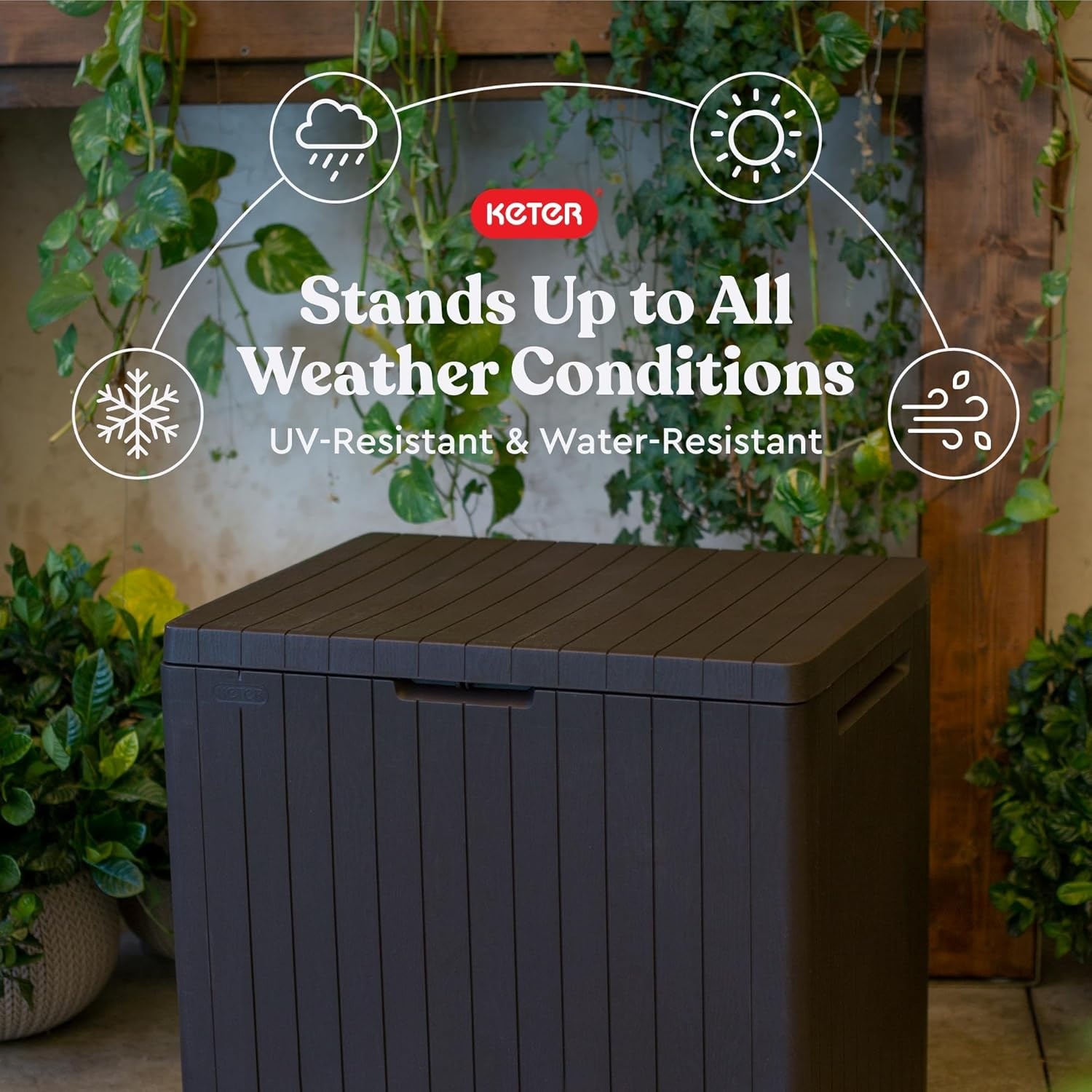 image:imageKeter City 30 Gallon Resin Outdoor Storage Box and Patio Furniture Side Table for Pool and Garden Accessories BeigeBrown