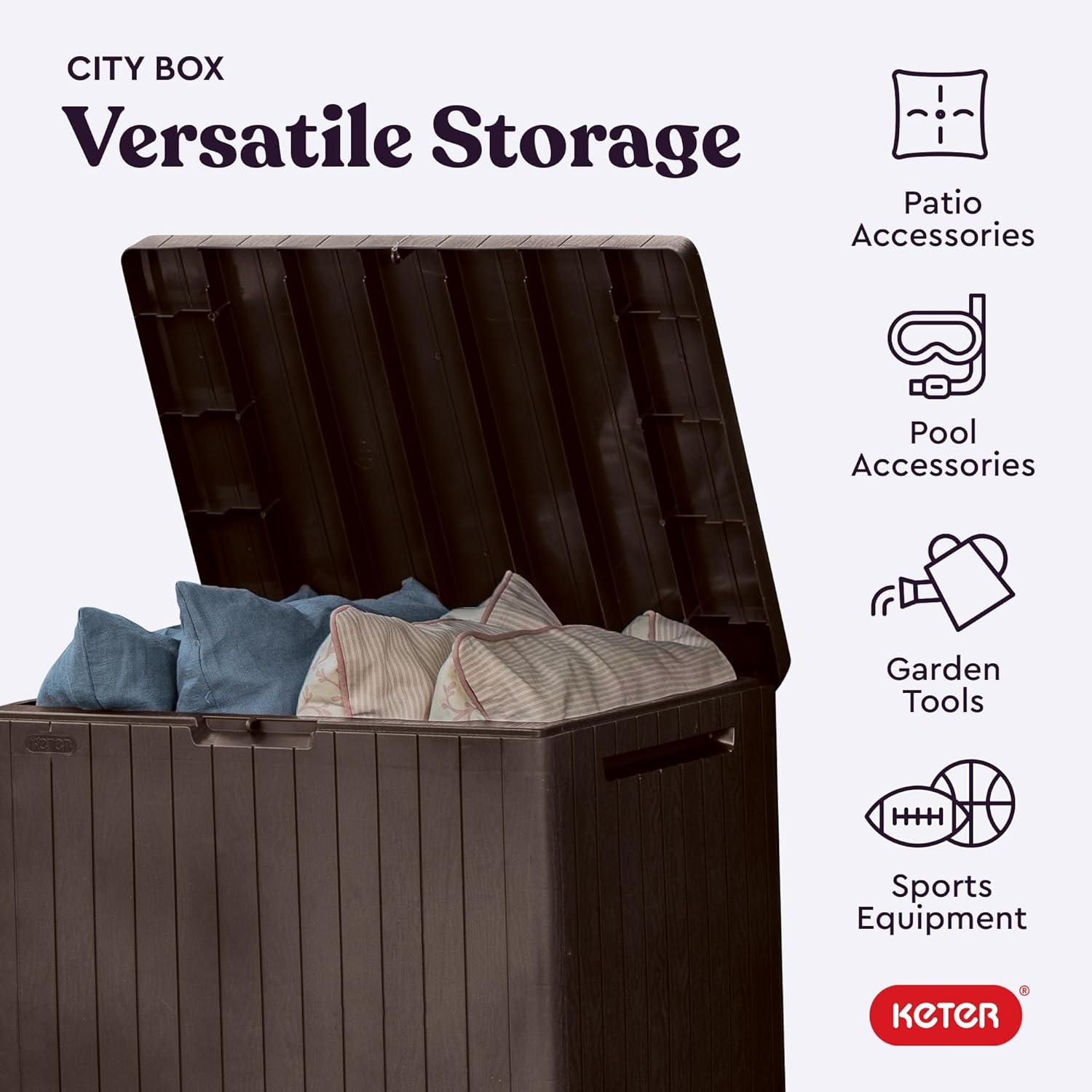 image:imageKeter City 30 Gallon Resin Outdoor Storage Box and Patio Furniture Side Table for Pool and Garden Accessories BeigeBrown