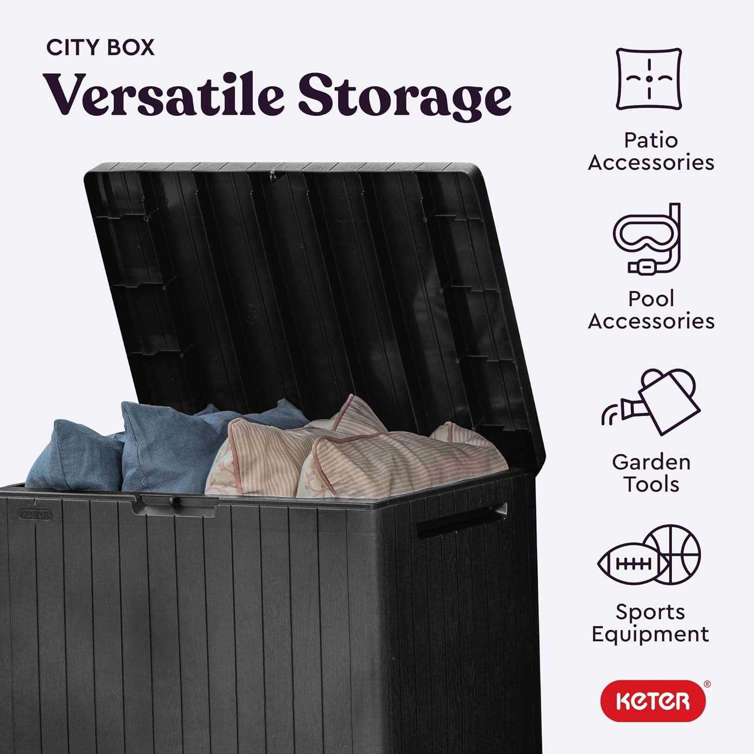 image:imageKeter City 30 Gallon Resin Outdoor Storage Box and Patio Furniture Side Table for Pool and Garden Accessories BeigeDark Grey