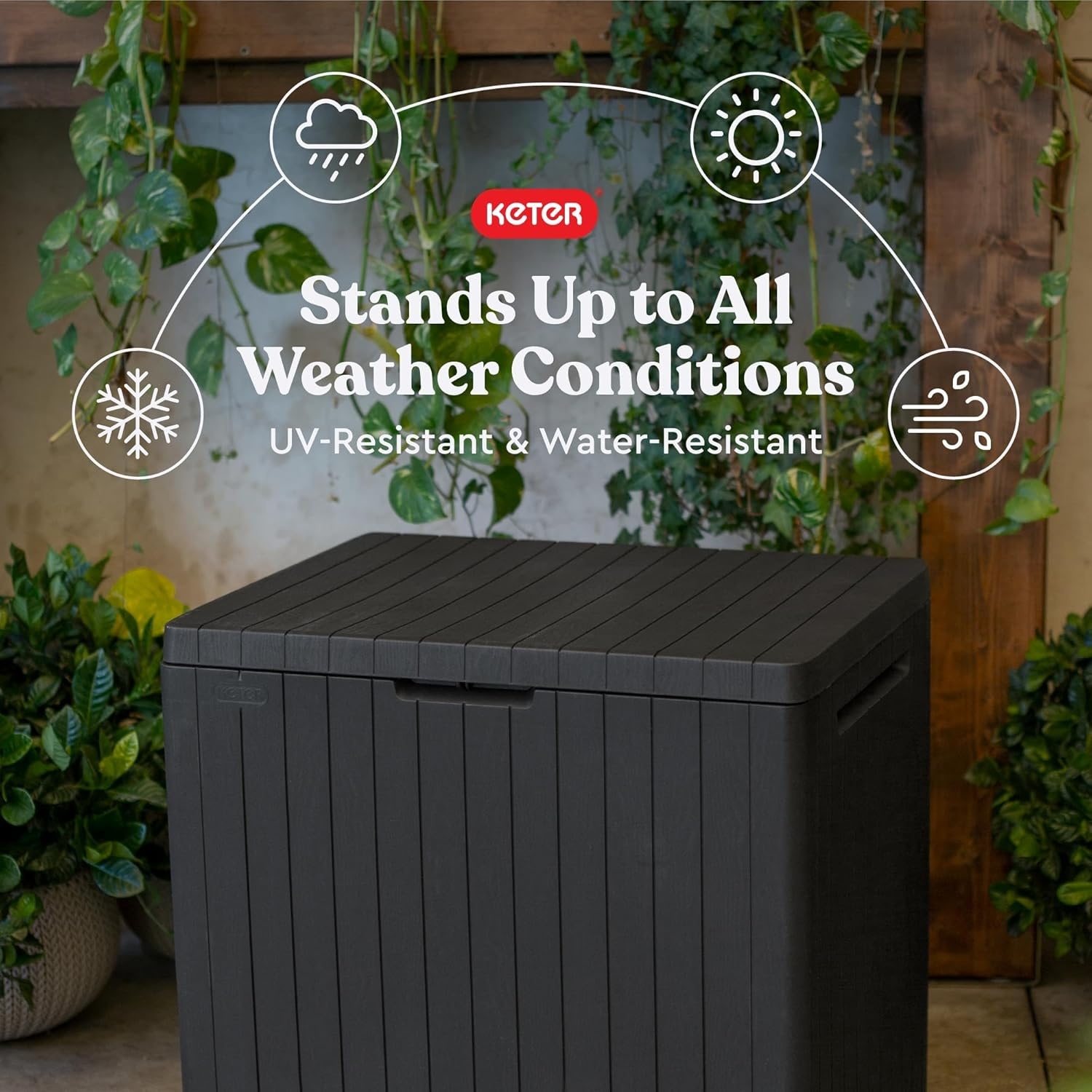 image:imageKeter City 30 Gallon Resin Outdoor Storage Box and Patio Furniture Side Table for Pool and Garden Accessories BeigeDark Grey
