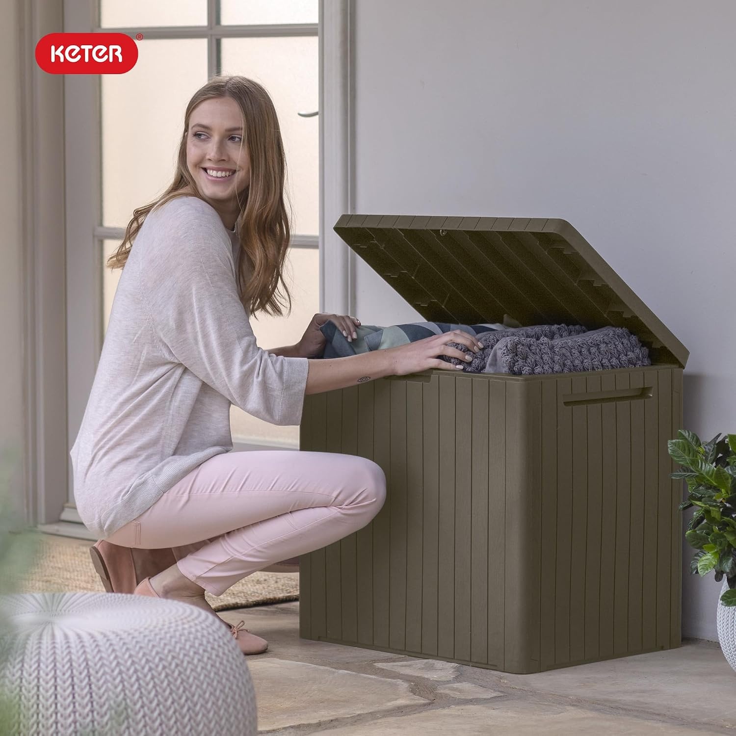 image:imageKeter City 30 Gallon Resin Outdoor Storage Box and Patio Furniture Side Table for Pool and Garden Accessories BeigeMossy Brown