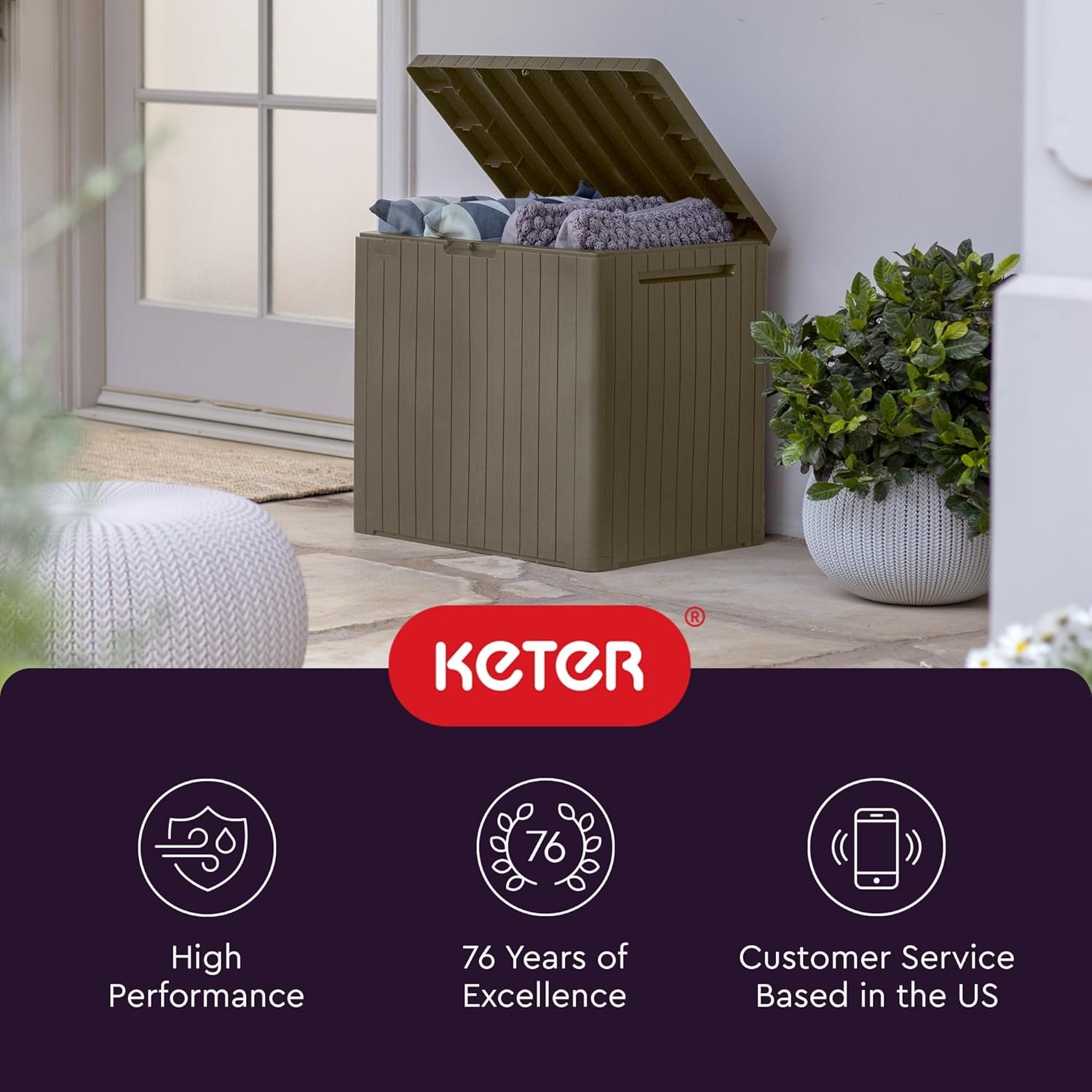 image:imageKeter City 30 Gallon Resin Outdoor Storage Box and Patio Furniture Side Table for Pool and Garden Accessories BeigeMossy Brown