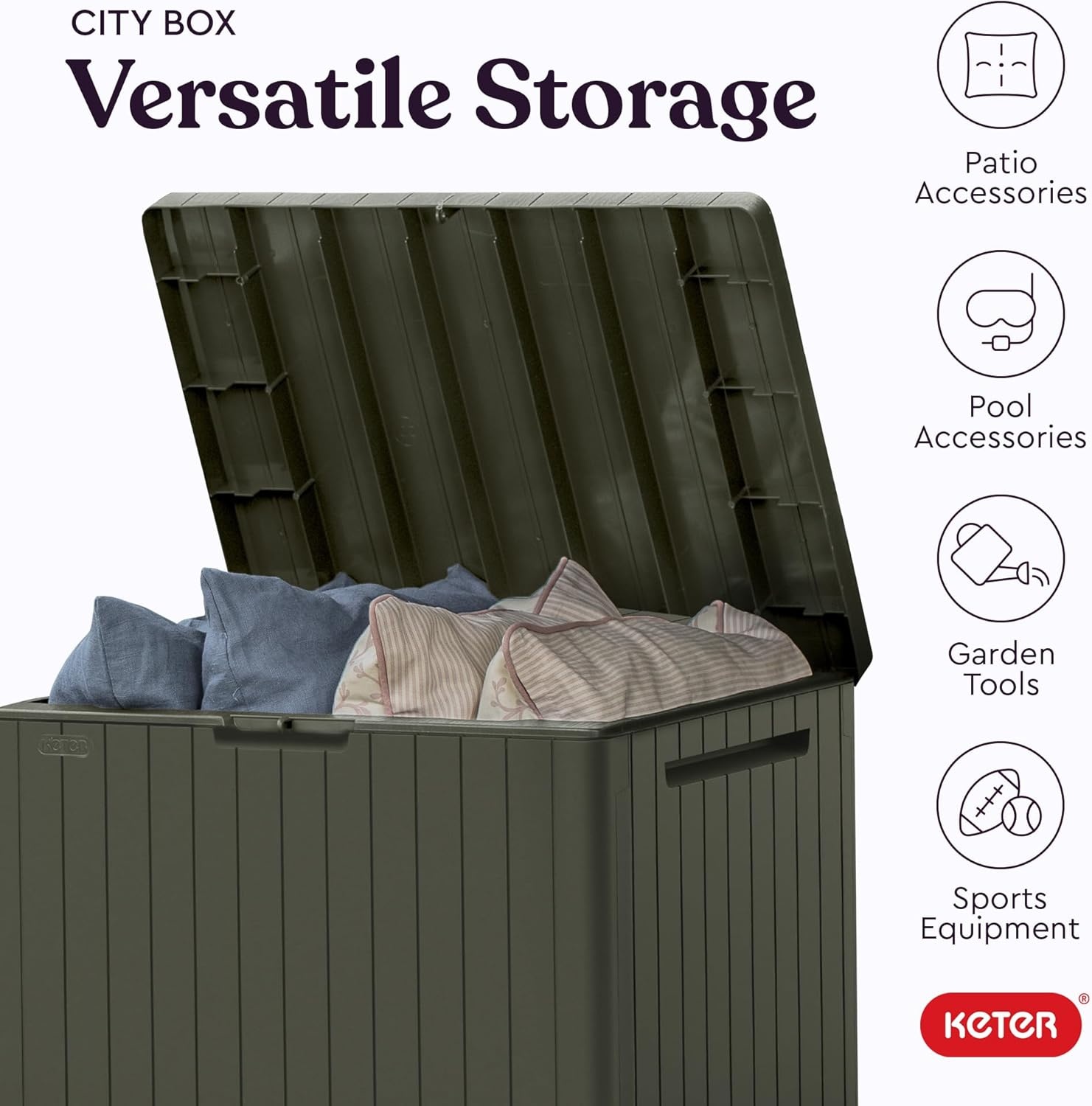 image:imageKeter City 30 Gallon Resin Outdoor Storage Box and Patio Furniture Side Table for Pool and Garden Accessories BeigeMossy Brown