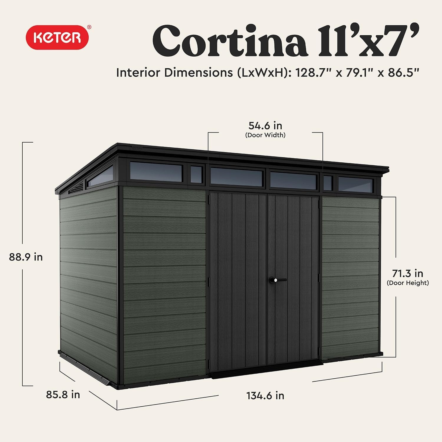 image:imageKeter Cortina 11x7 Ft AllWeather Storage Shed with Skylight Window Builtin Ventilation amp Lockable Double Doors Green