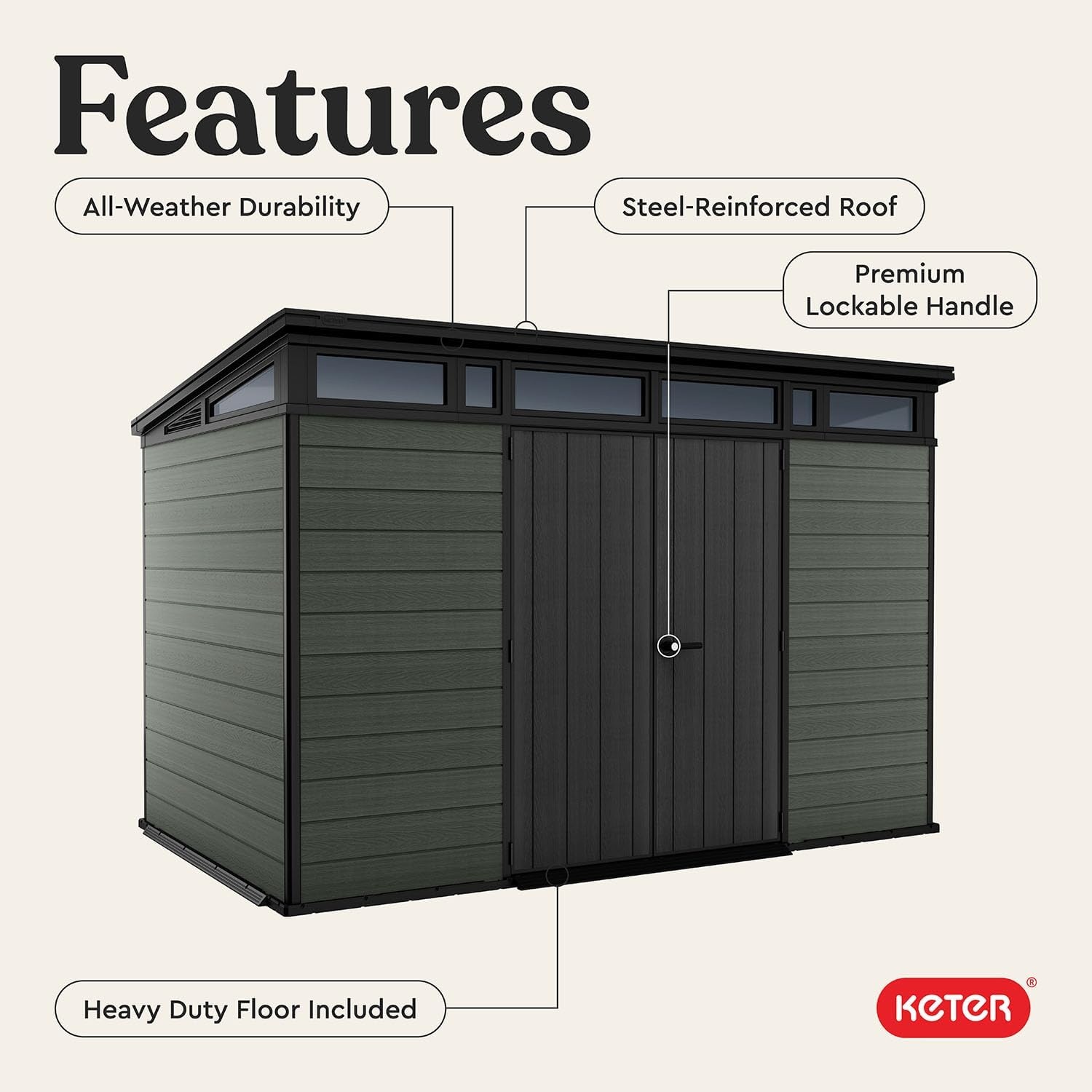 image:imageKeter Cortina 11x7 Ft AllWeather Storage Shed with Skylight Window Builtin Ventilation amp Lockable Double Doors Green