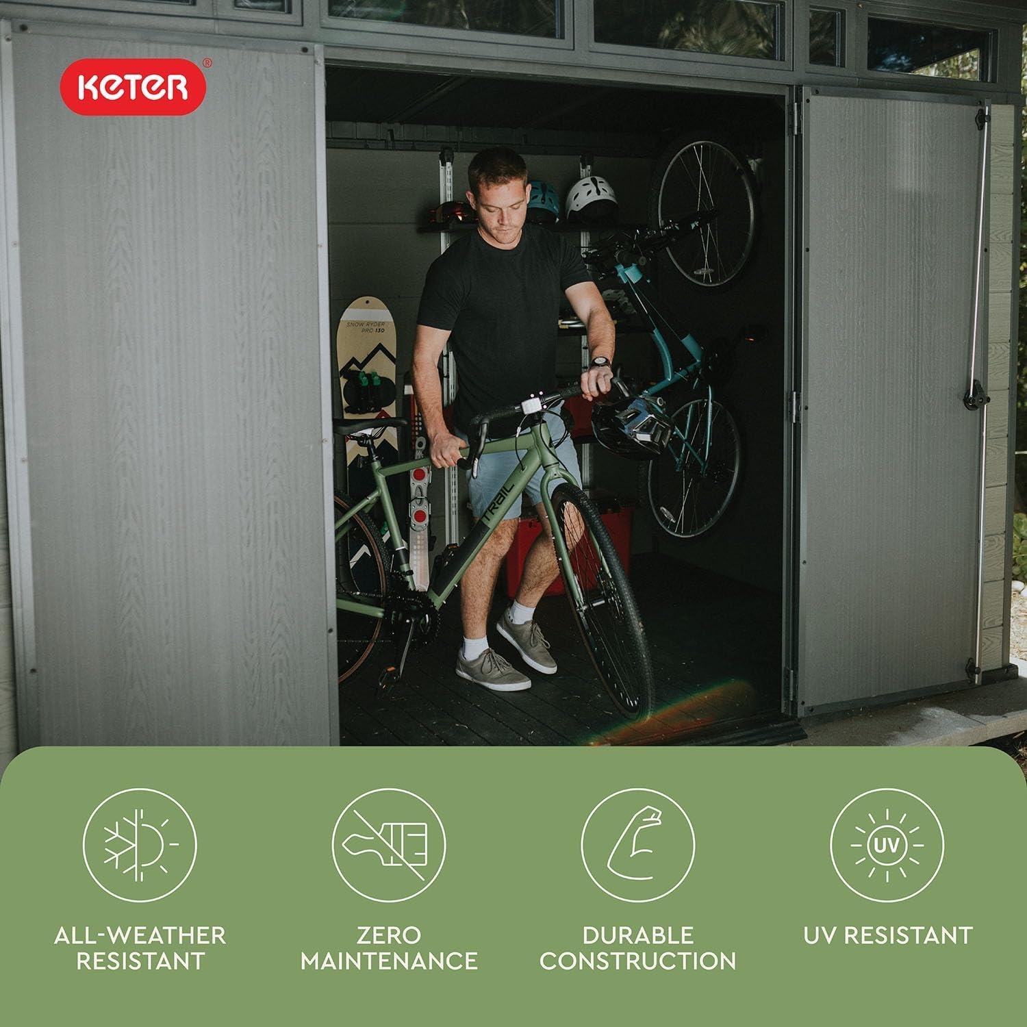 image:imageKeter Cortina 11x7 Ft AllWeather Storage Shed with Skylight Window Builtin Ventilation amp Lockable Double Doors Green
