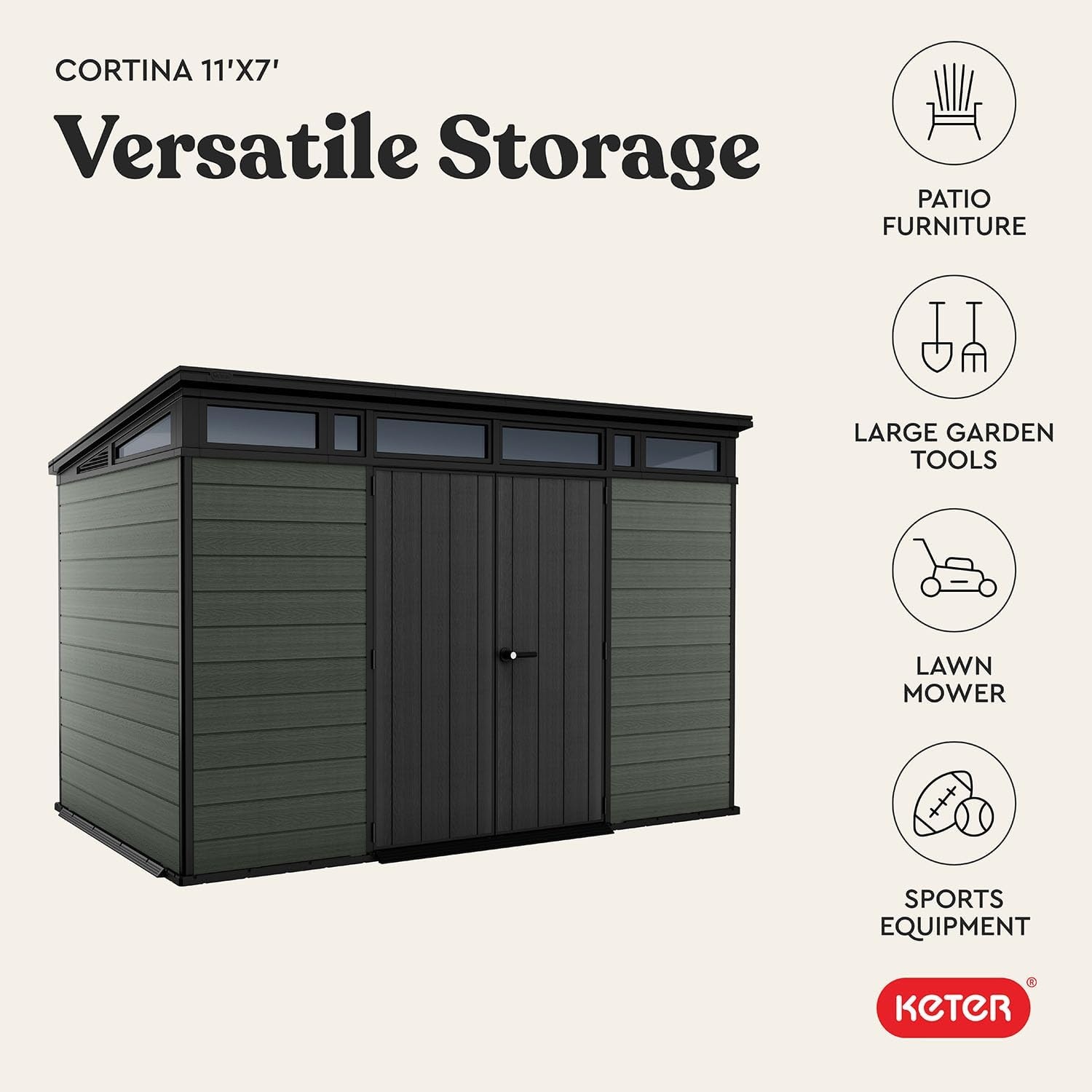 image:imageKeter Cortina 11x7 Ft AllWeather Storage Shed with Skylight Window Builtin Ventilation amp Lockable Double Doors Green