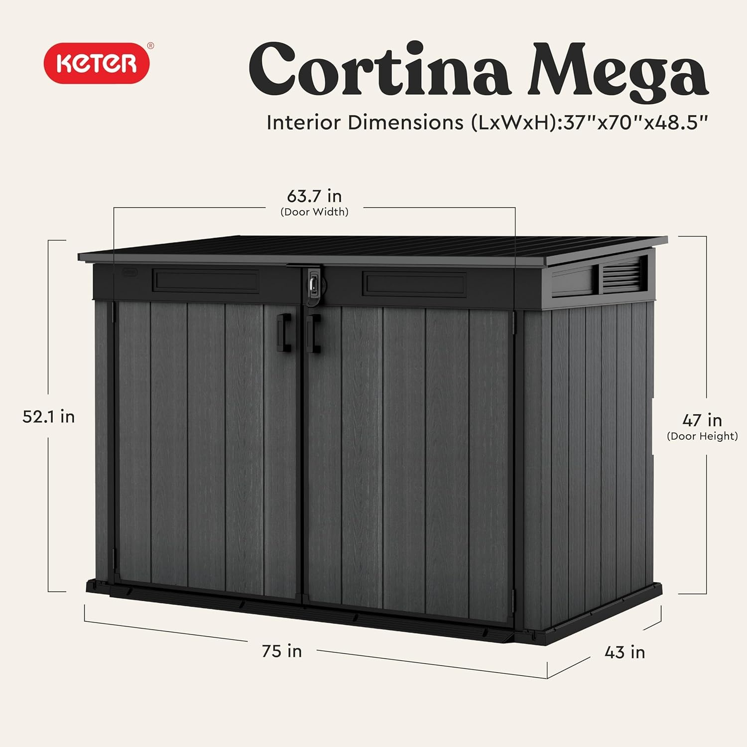 image:imageKeter Cortina Mega AllWeather Outdoor Resin Horizontal Storage Shed with Lockable Doors Garbage Bin amp Yard Equipment Storage Durable Patio Storage Cabinet Graphite