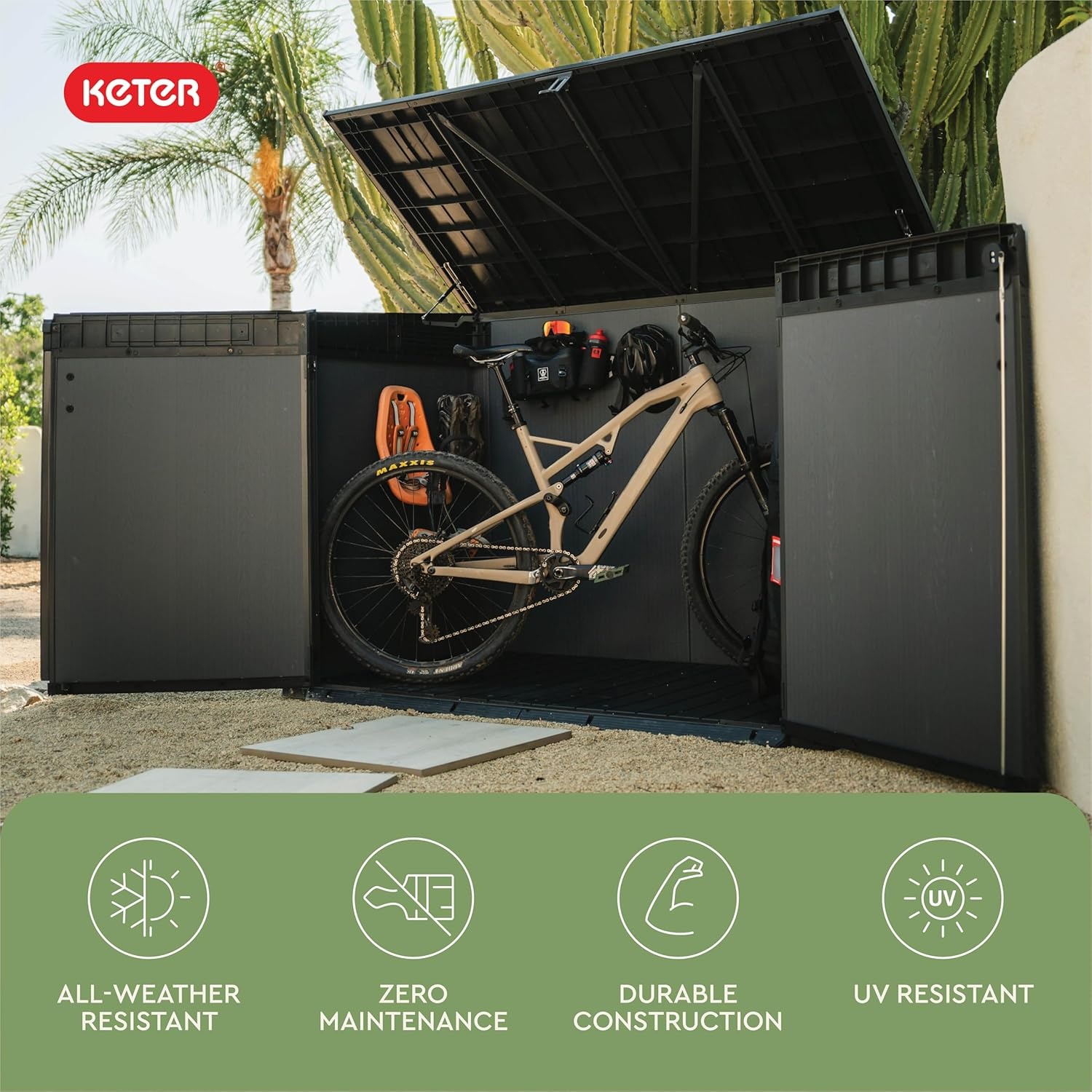 image:imageKeter Cortina Mega AllWeather Outdoor Resin Horizontal Storage Shed with Lockable Doors Garbage Bin amp Yard Equipment Storage Durable Patio Storage Cabinet Graphite