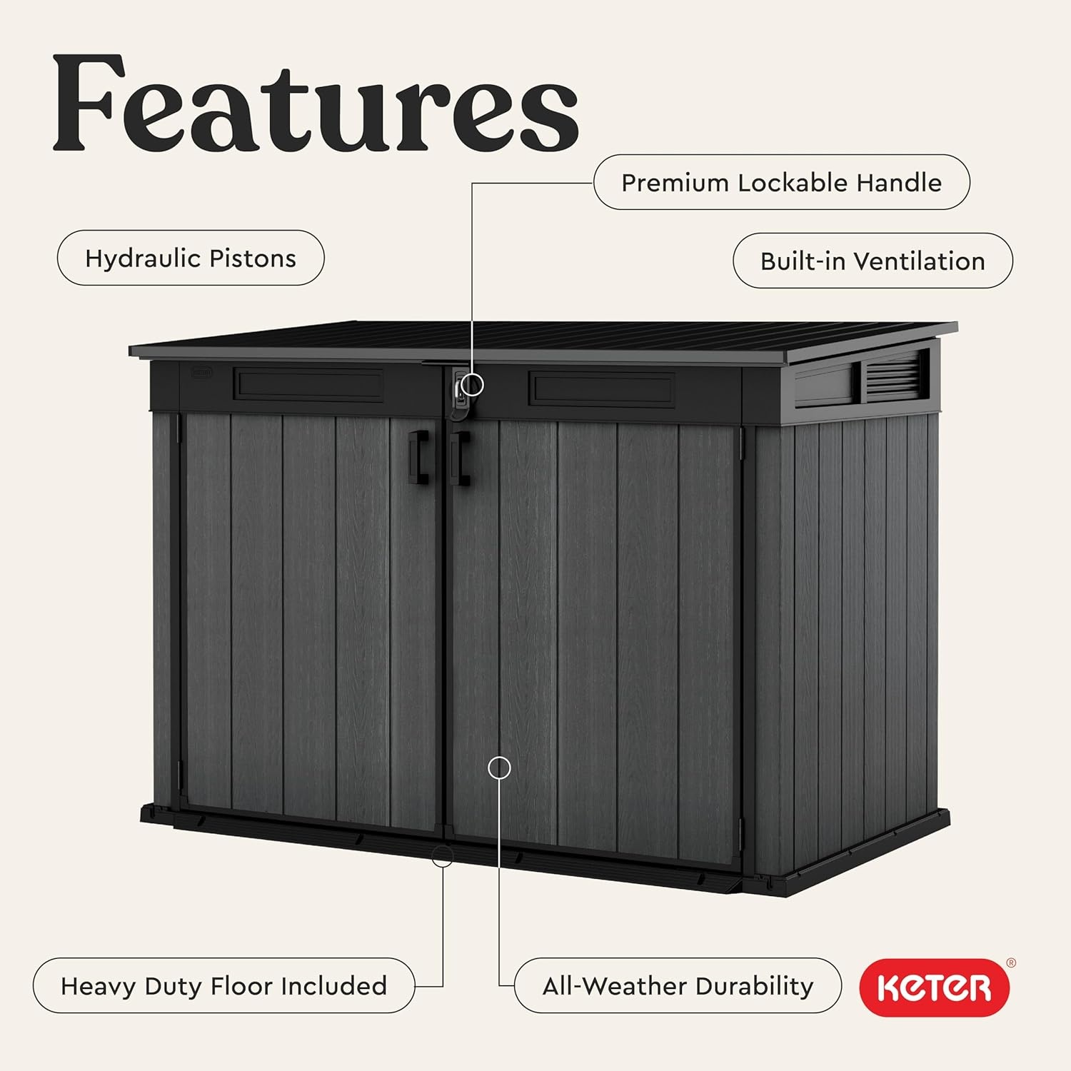 image:imageKeter Cortina Mega AllWeather Outdoor Resin Horizontal Storage Shed with Lockable Doors Garbage Bin amp Yard Equipment Storage Durable Patio Storage Cabinet Graphite