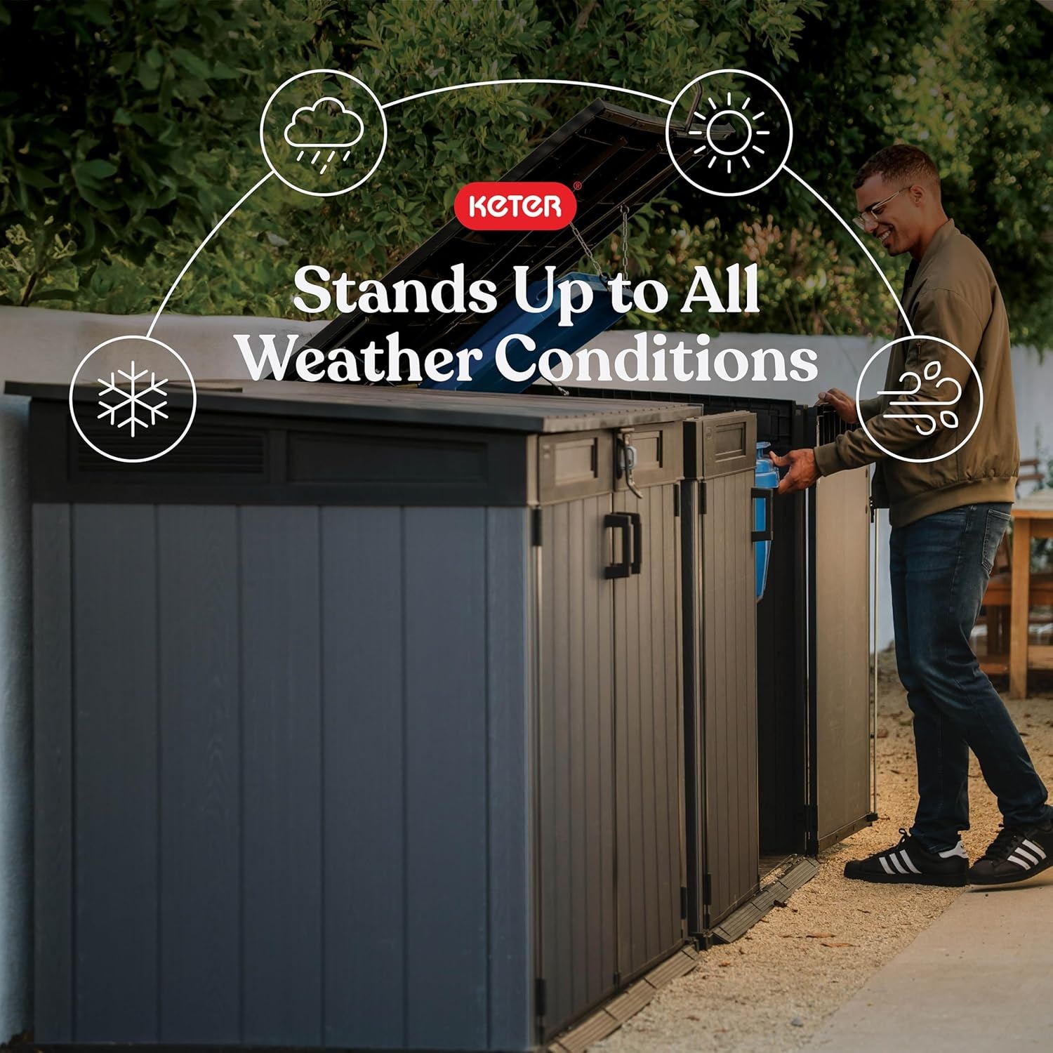 image:imageKeter Cortina Mega AllWeather Outdoor Resin Horizontal Storage Shed with Lockable Doors Garbage Bin amp Yard Equipment Storage Durable Patio Storage Cabinet Graphite