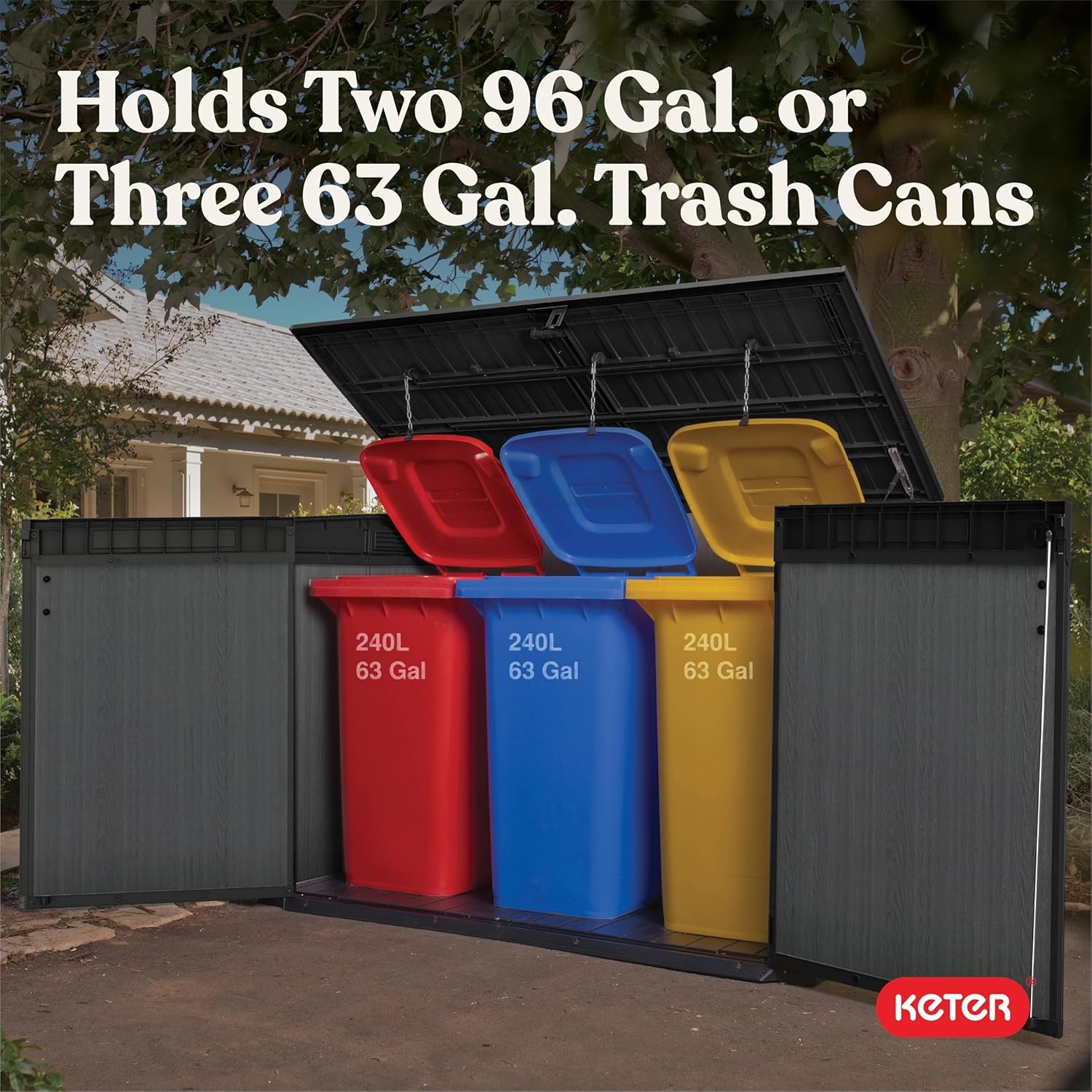 image:imageKeter Cortina Mega AllWeather Outdoor Resin Horizontal Storage Shed with Lockable Doors Garbage Bin amp Yard Equipment Storage Durable Patio Storage Cabinet Graphite