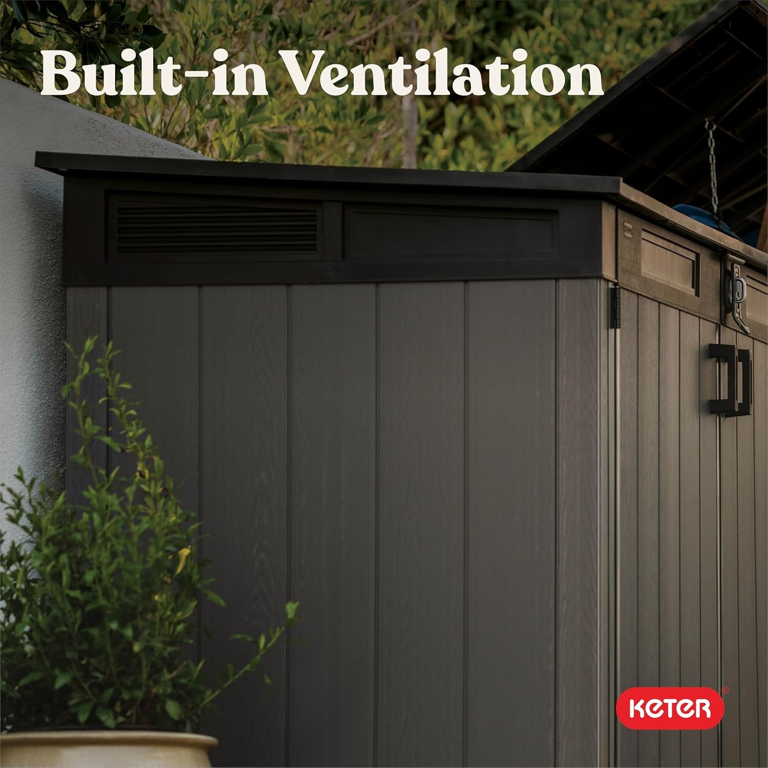 image:imageKeter Cortina Mega AllWeather Outdoor Resin Horizontal Storage Shed with Lockable Doors Garbage Bin amp Yard Equipment Storage Durable Patio Storage Cabinet Graphite