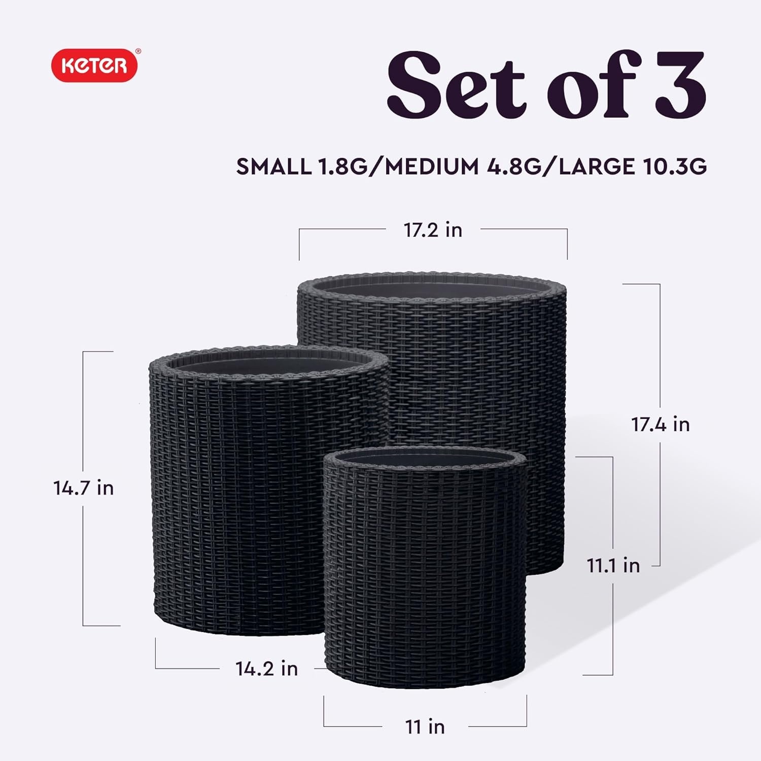 image:imageKeter Cylinder Set of 3 Rattan Resin Planter for Indoor and Outdoor Plants Ideal Decorative Planter for Porches and Patio Decor TaupeBlack