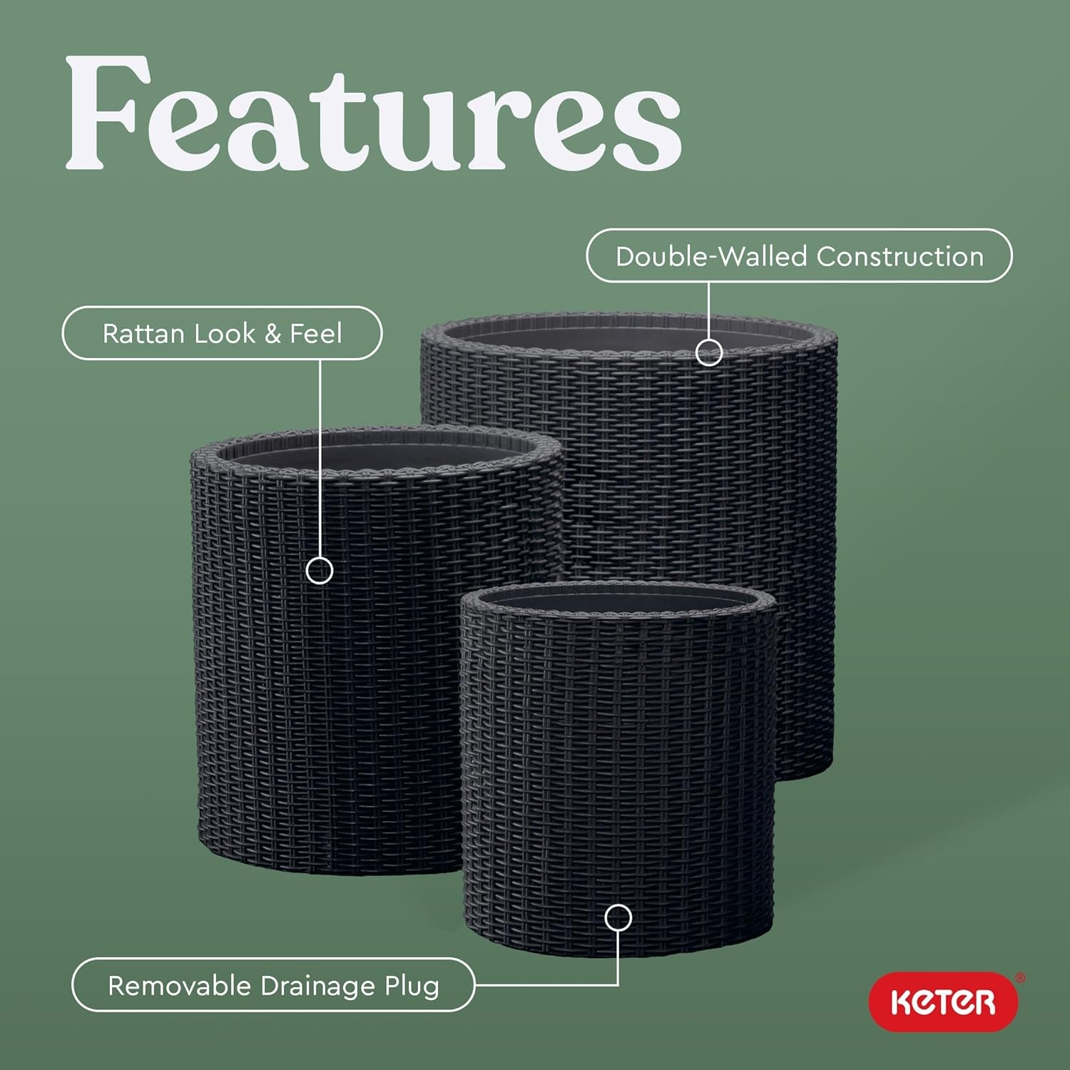 image:imageKeter Cylinder Set of 3 Rattan Resin Planter for Indoor and Outdoor Plants Ideal Decorative Planter for Porches and Patio Decor TaupeBlack