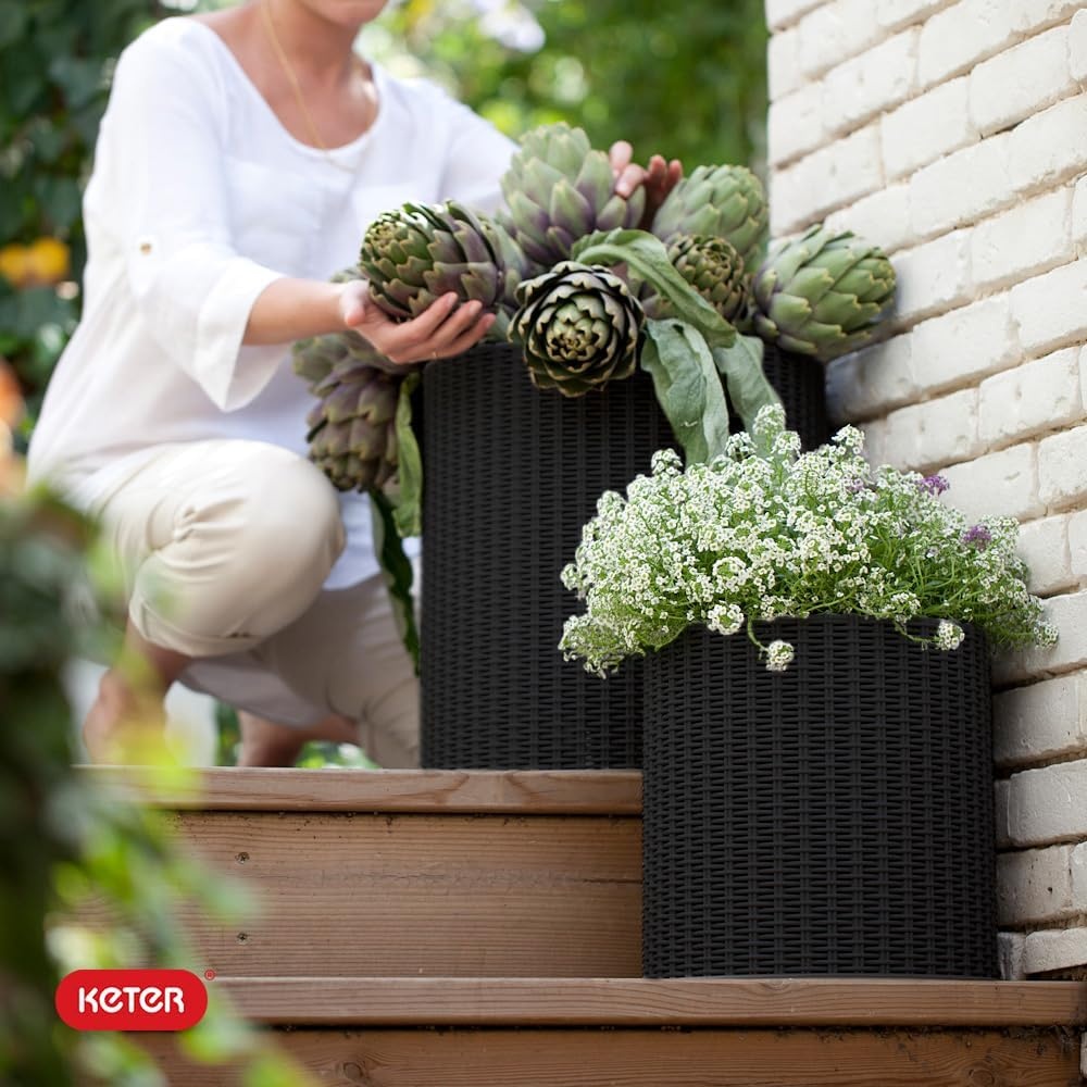 image:imageKeter Cylinder Set of 3 Rattan Resin Planter for Indoor and Outdoor Plants Ideal Decorative Planter for Porches and Patio Decor TaupeBlack