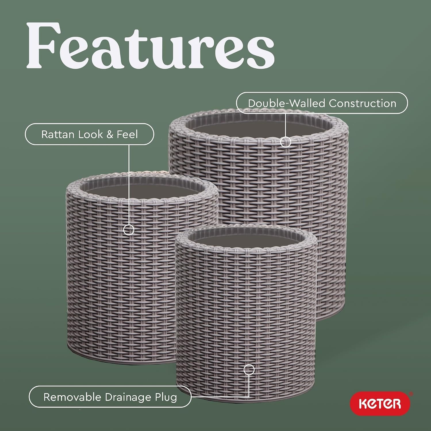 image:imageKeter Cylinder Set of 3 Rattan Resin Planter for Indoor and Outdoor Plants Ideal Decorative Planter for Porches and Patio Decor TaupeTaupe
