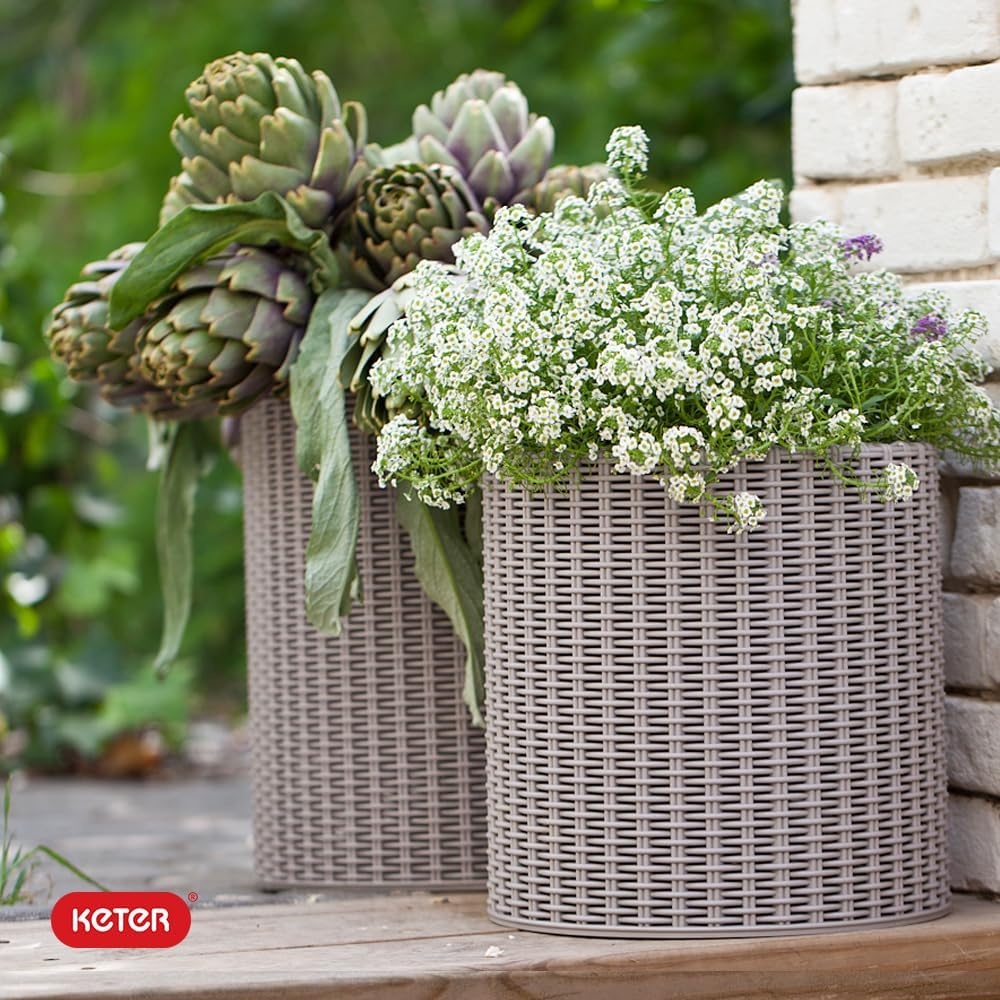 image:imageKeter Cylinder Set of 3 Rattan Resin Planter for Indoor and Outdoor Plants Ideal Decorative Planter for Porches and Patio Decor TaupeTaupe