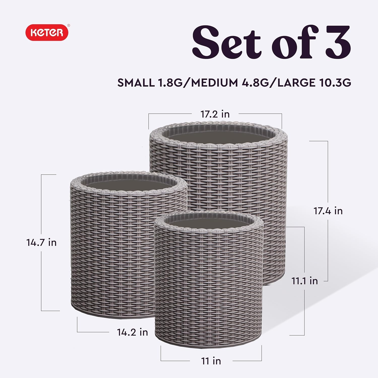 image:imageKeter Cylinder Set of 3 Rattan Resin Planter for Indoor and Outdoor Plants Ideal Decorative Planter for Porches and Patio Decor TaupeTaupe