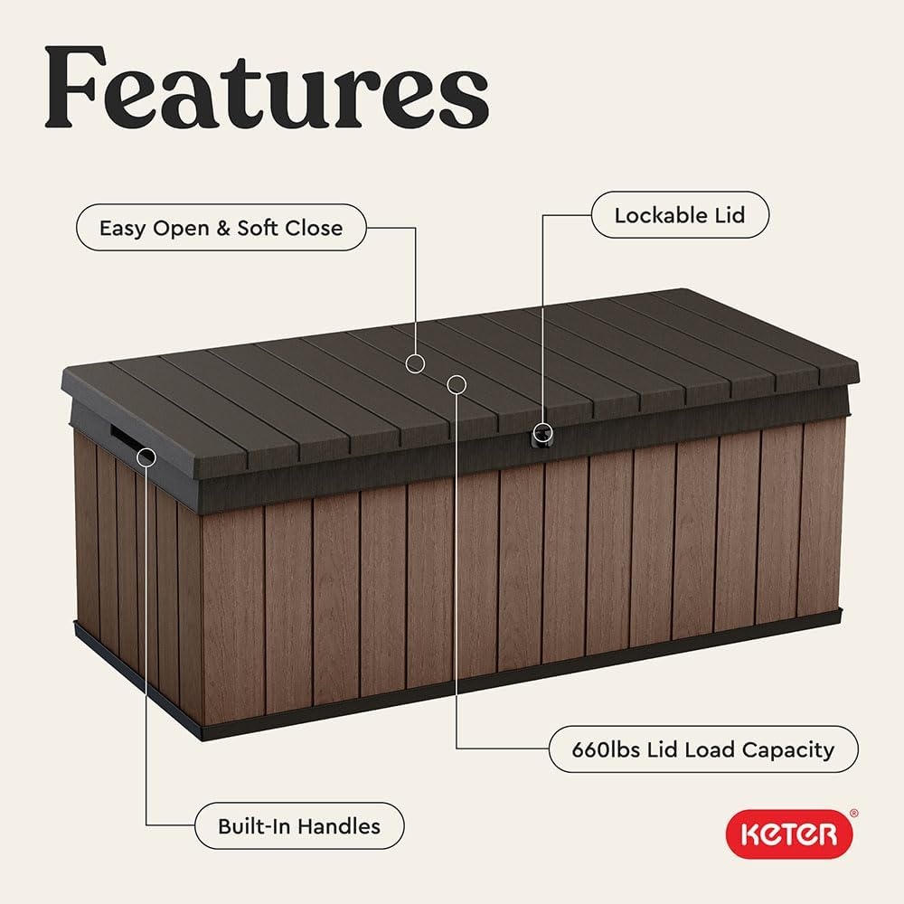 image:imageKeter Darwin 100 Gallon Resin Large Deck Box Organization and Storage for Patio Furniture Outdoor Cushions Garden Tools and Pool GearBrown