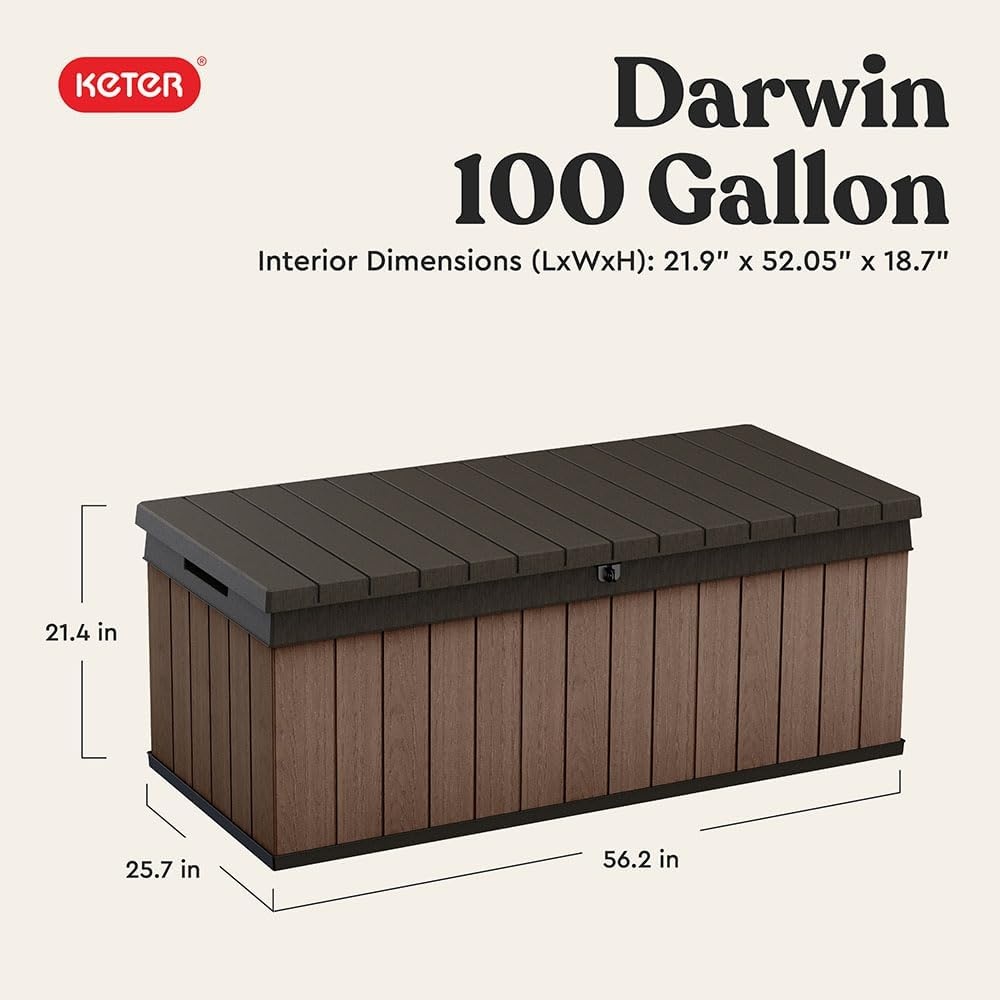 image:imageKeter Darwin 100 Gallon Resin Large Deck Box Organization and Storage for Patio Furniture Outdoor Cushions Garden Tools and Pool GearBrown