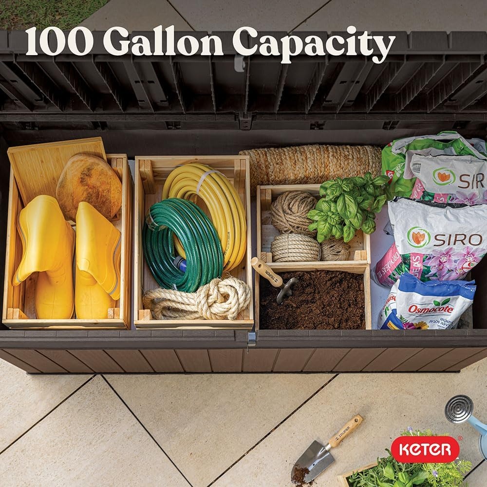 image:imageKeter Darwin 100 Gallon Resin Large Deck Box Organization and Storage for Patio Furniture Outdoor Cushions Garden Tools and Pool GearBrown