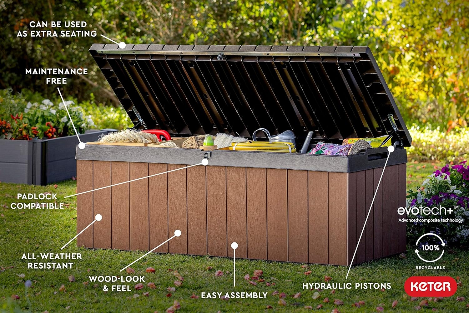 image:imageKeter Darwin 100 Gallon Resin Large Deck Box Organization and Storage for Patio Storage Box Outdoor Cushions Garden Tools Brown amp BlackBrown
