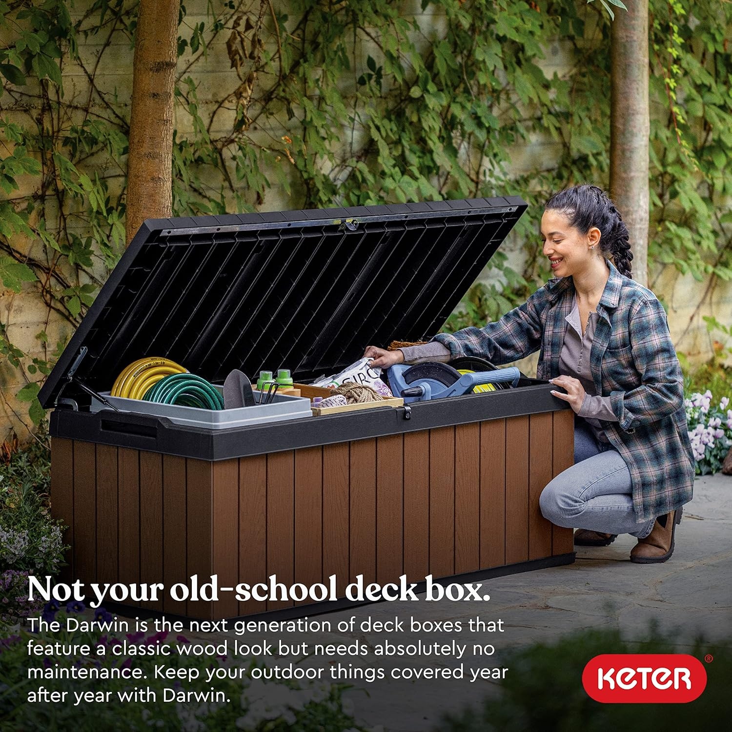 image:imageKeter Darwin 100 Gallon Resin Large Deck Box Organization and Storage for Patio Storage Box Outdoor Cushions Garden Tools Brown amp BlackBrown