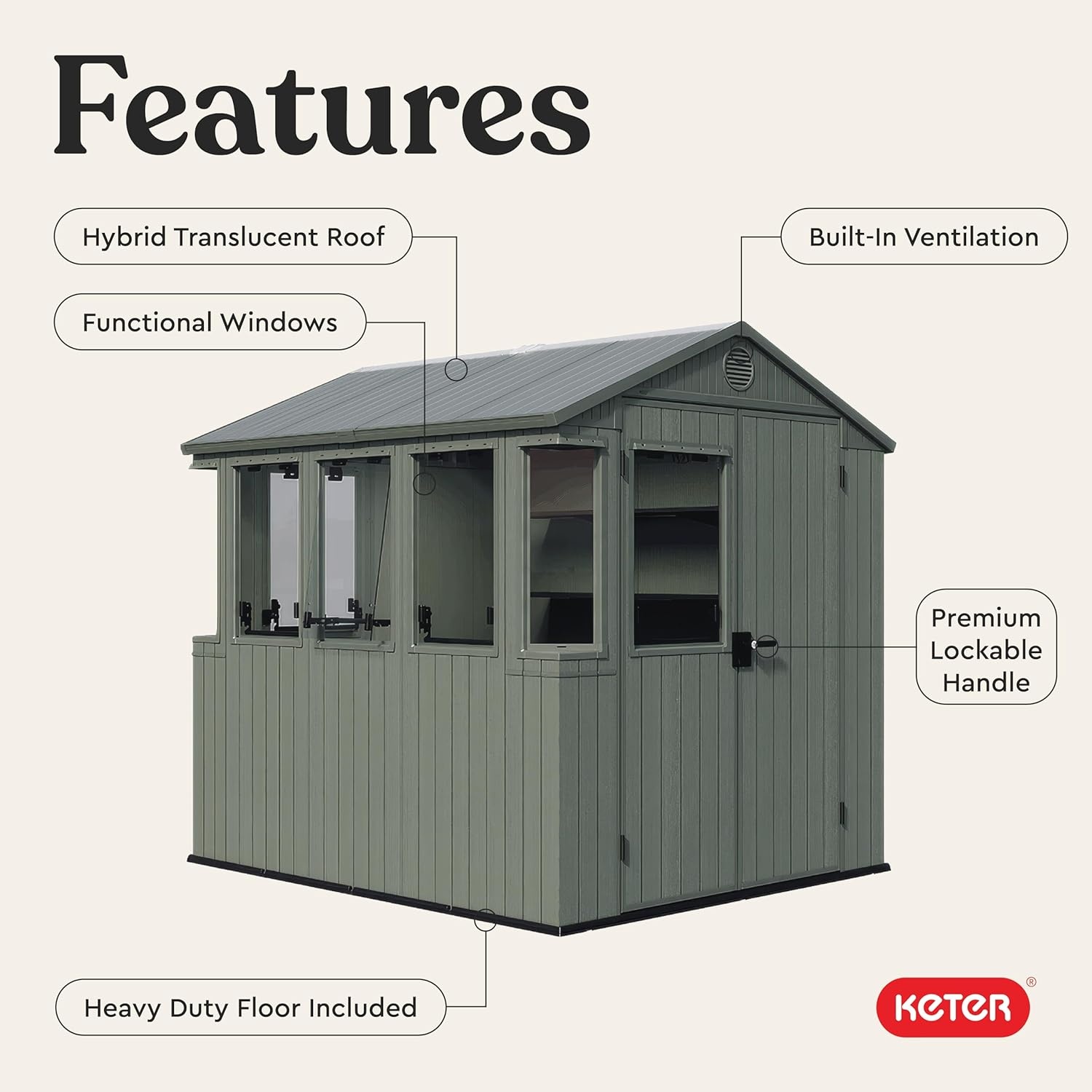 image:imageKeter Darwin 6x8 ft Potting Shed WeatherResistant Resin Greenhouse Shed with Windows Builtin Ventilation Double Lockable Doors amp Hybrid Translucent Roof Green