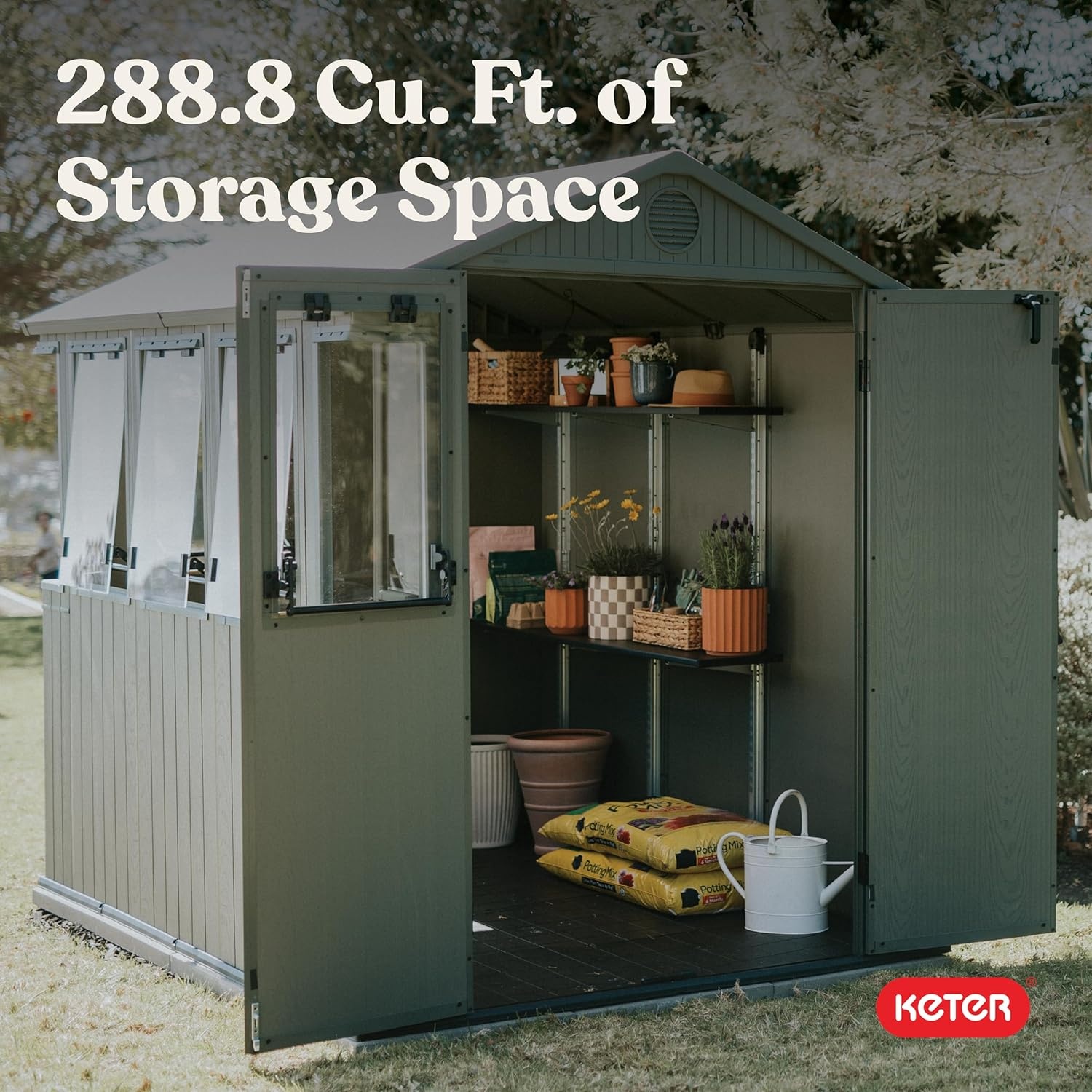 image:imageKeter Darwin 6x8 ft Potting Shed WeatherResistant Resin Greenhouse Shed with Windows Builtin Ventilation Double Lockable Doors amp Hybrid Translucent Roof Green