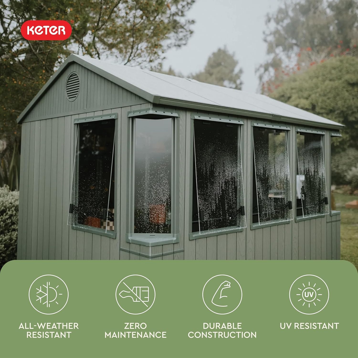 image:imageKeter Darwin 6x8 ft Potting Shed WeatherResistant Resin Greenhouse Shed with Windows Builtin Ventilation Double Lockable Doors amp Hybrid Translucent Roof Green