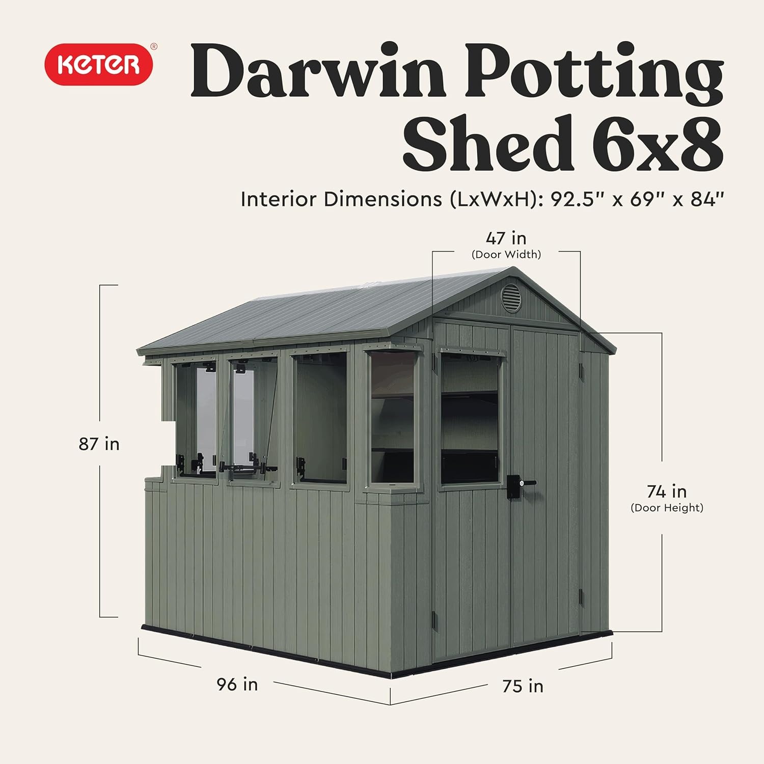 image:imageKeter Darwin 6x8 ft Potting Shed WeatherResistant Resin Greenhouse Shed with Windows Builtin Ventilation Double Lockable Doors amp Hybrid Translucent Roof Green