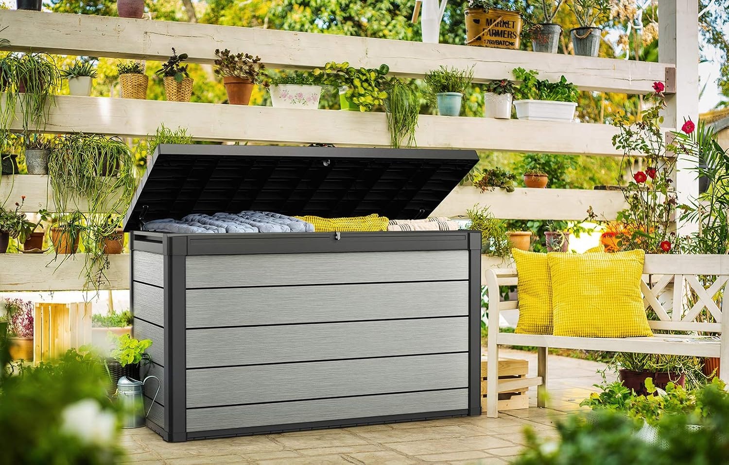 image:imageKeter Denali 30 Gallon Resin Outdoor Storage Box and Patio Furniture Side Table for Pool and Garden Accessories Grey amp Black200 Gallons