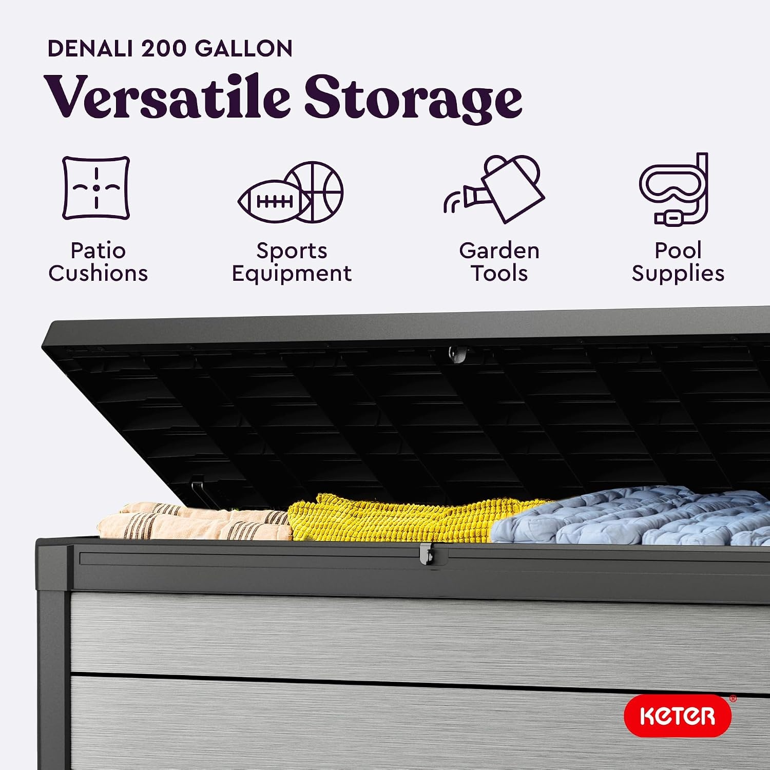 image:imageKeter Denali 30 Gallon Resin Outdoor Storage Box and Patio Furniture Side Table for Pool and Garden Accessories Grey amp Black200 Gallons