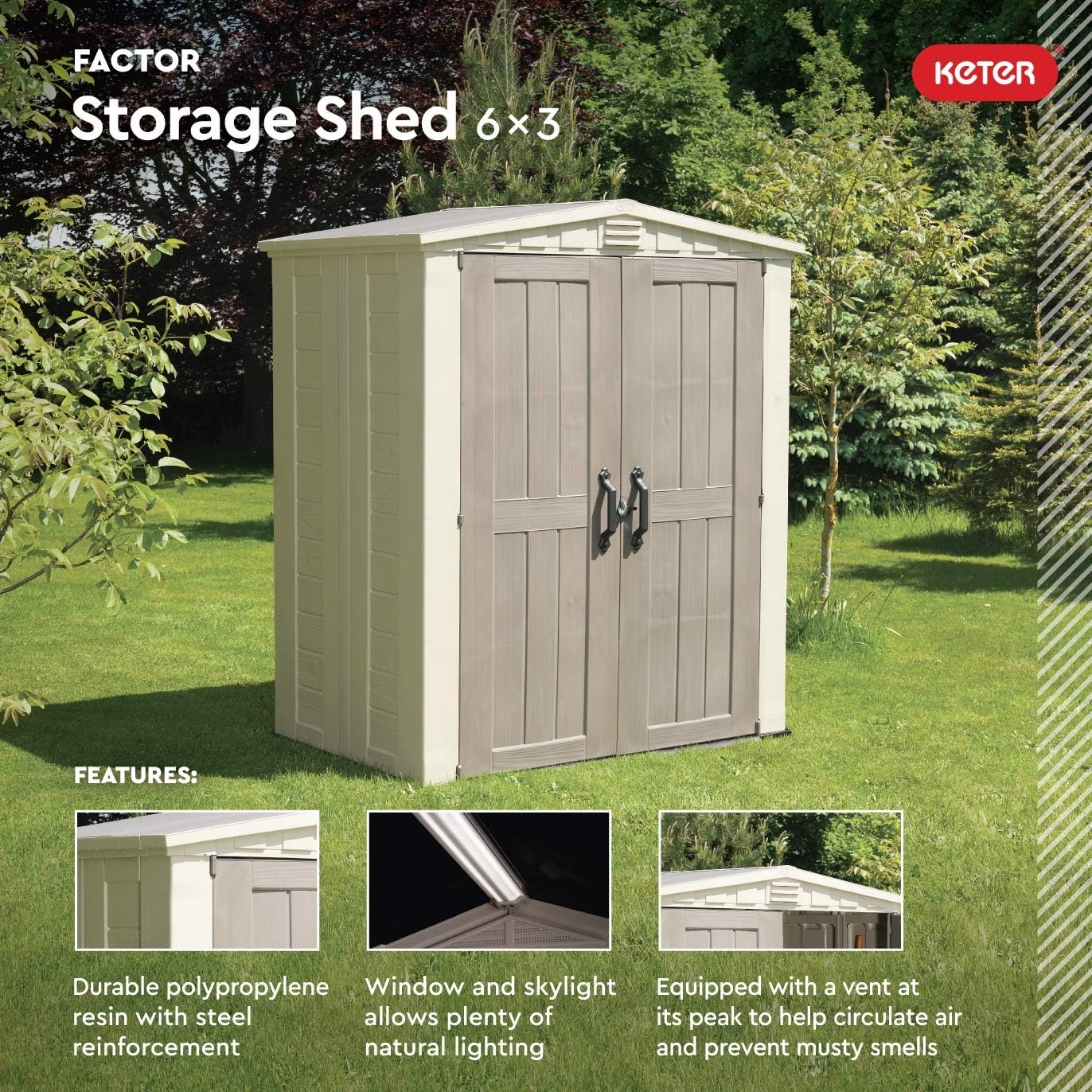 image:imageKeter Factor 6x3 Outdoor Storage Shed KitPerfect to Store Patio Furniture Garden Tools Bike Accessories Beach Chairs and Push Lawn Mower Taupe amp Brown6x3