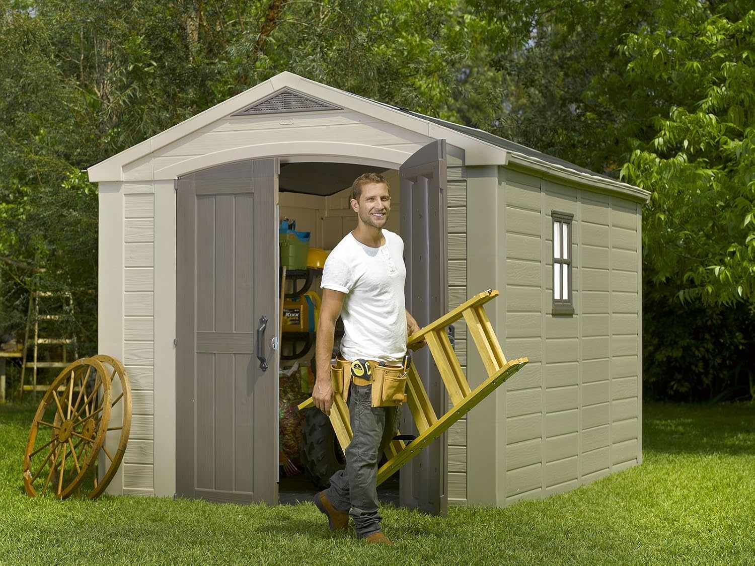 image:imageKeter Factor 8x8 Ft AllWeather Storage Shed with Skylight Window Builtin Ventilation Customizable Walls amp Lockable Double Doors Brown8x11 ft