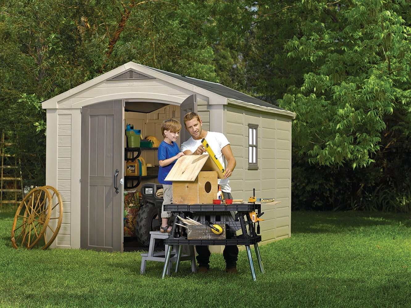 image:imageKeter Factor 8x8 Ft AllWeather Storage Shed with Skylight Window Builtin Ventilation Customizable Walls amp Lockable Double Doors Brown8x11 ft
