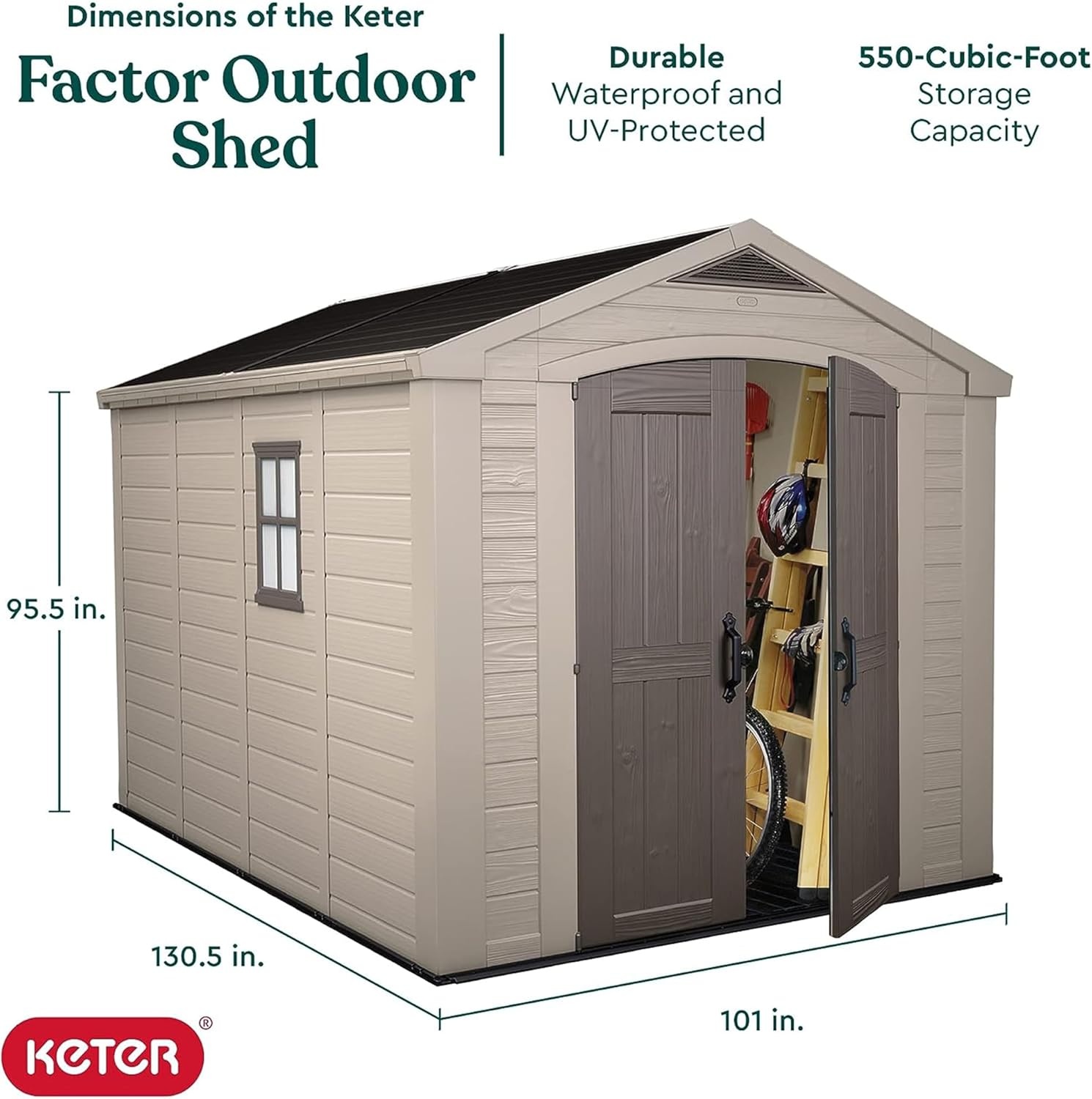 image:imageKeter Factor 8x8 Ft AllWeather Storage Shed with Skylight Window Builtin Ventilation Customizable Walls amp Lockable Double Doors Brown8x11 ft