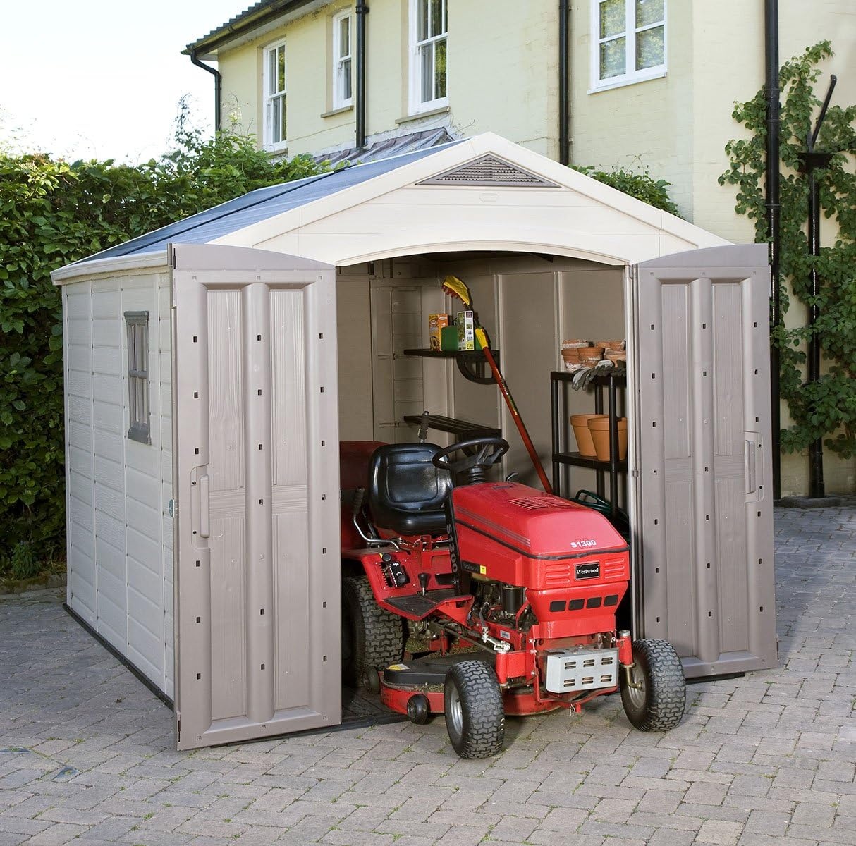 image:imageKeter Factor 8x8 Ft AllWeather Storage Shed with Skylight Window Builtin Ventilation Customizable Walls amp Lockable Double Doors Brown8x11 ft