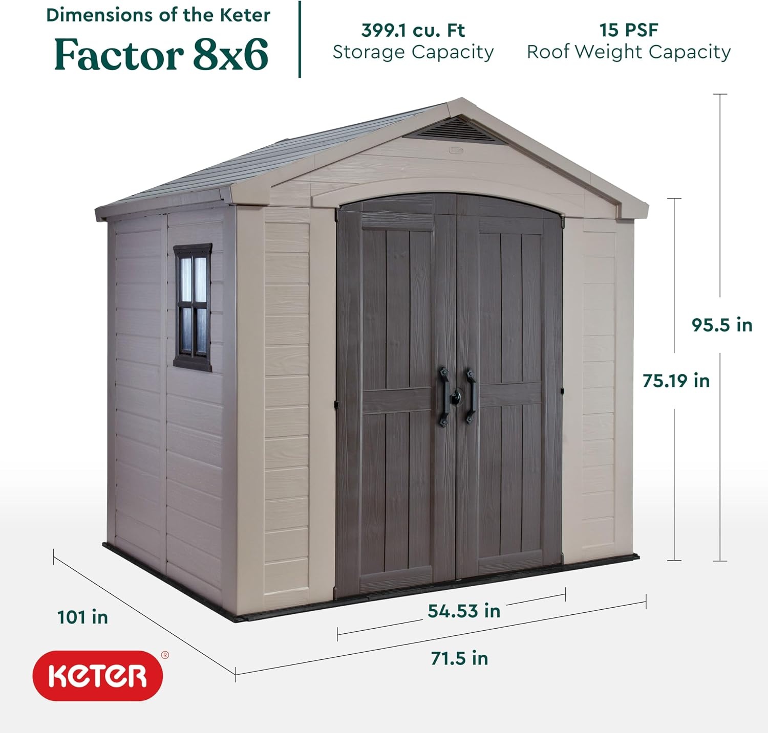 image:imageKeter Factor 8x8 Ft AllWeather Storage Shed with Skylight Window Builtin Ventilation Customizable Walls amp Lockable Double Doors Brown8x6 ft