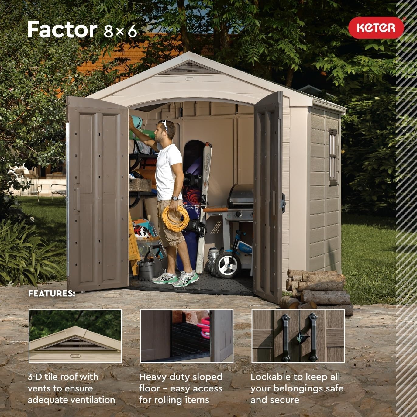 image:imageKeter Factor 8x8 Ft AllWeather Storage Shed with Skylight Window Builtin Ventilation Customizable Walls amp Lockable Double Doors Brown8x6 ft