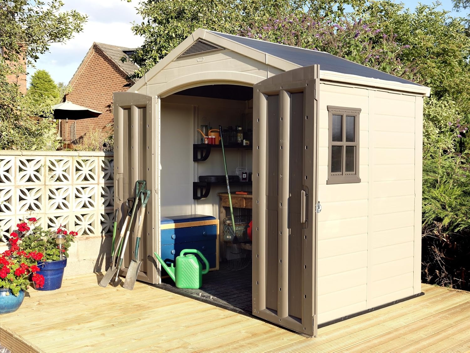 image:imageKeter Factor 8x8 Ft AllWeather Storage Shed with Skylight Window Builtin Ventilation Customizable Walls amp Lockable Double Doors Brown8x6 ft
