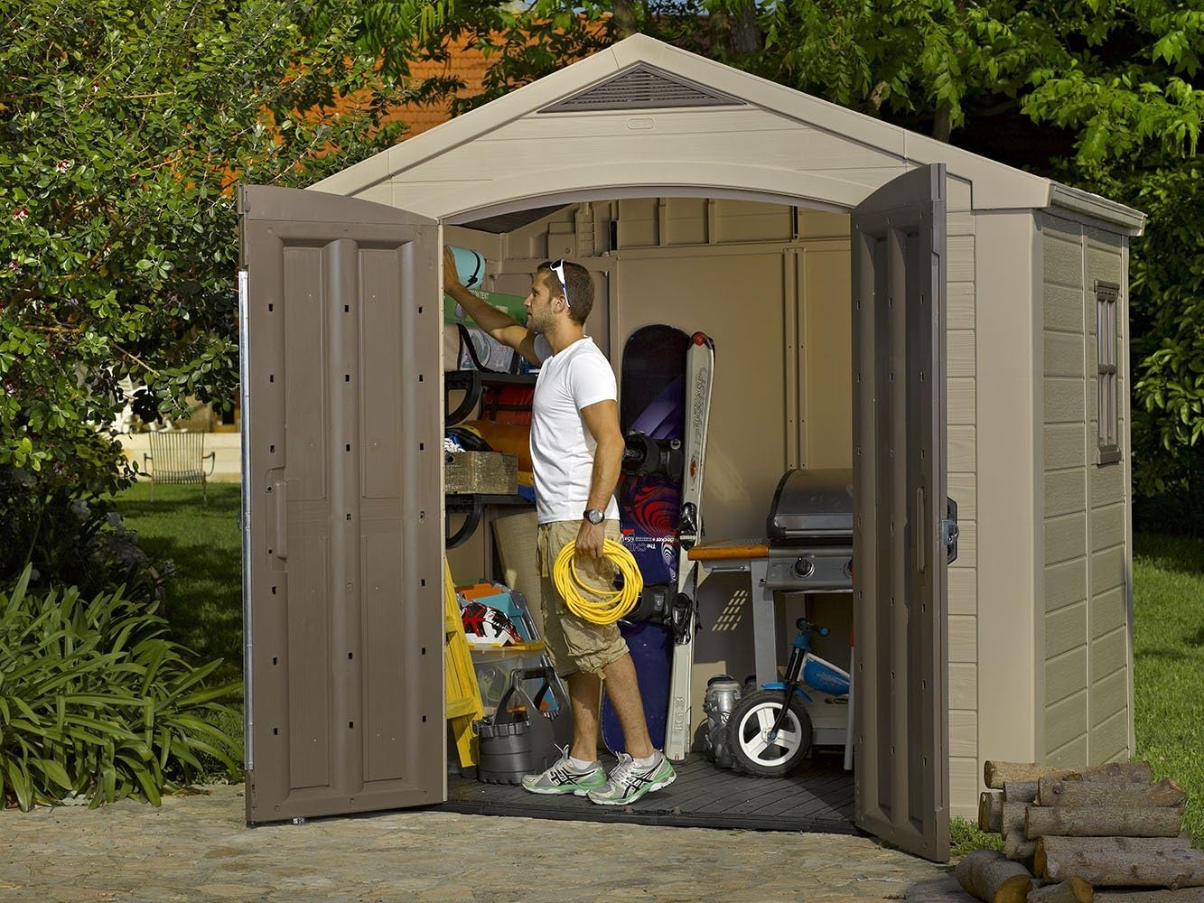 image:imageKeter Factor 8x8 Ft AllWeather Storage Shed with Skylight Window Builtin Ventilation Customizable Walls amp Lockable Double Doors Brown8x6 ft