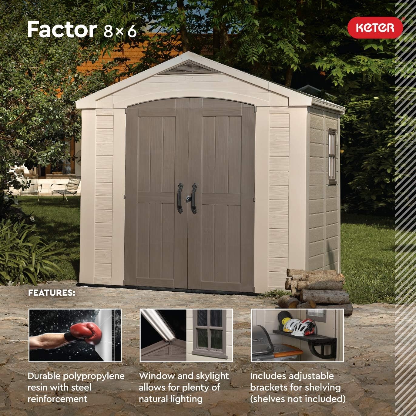 image:imageKeter Factor 8x8 Ft AllWeather Storage Shed with Skylight Window Builtin Ventilation Customizable Walls amp Lockable Double Doors Brown8x6 ft