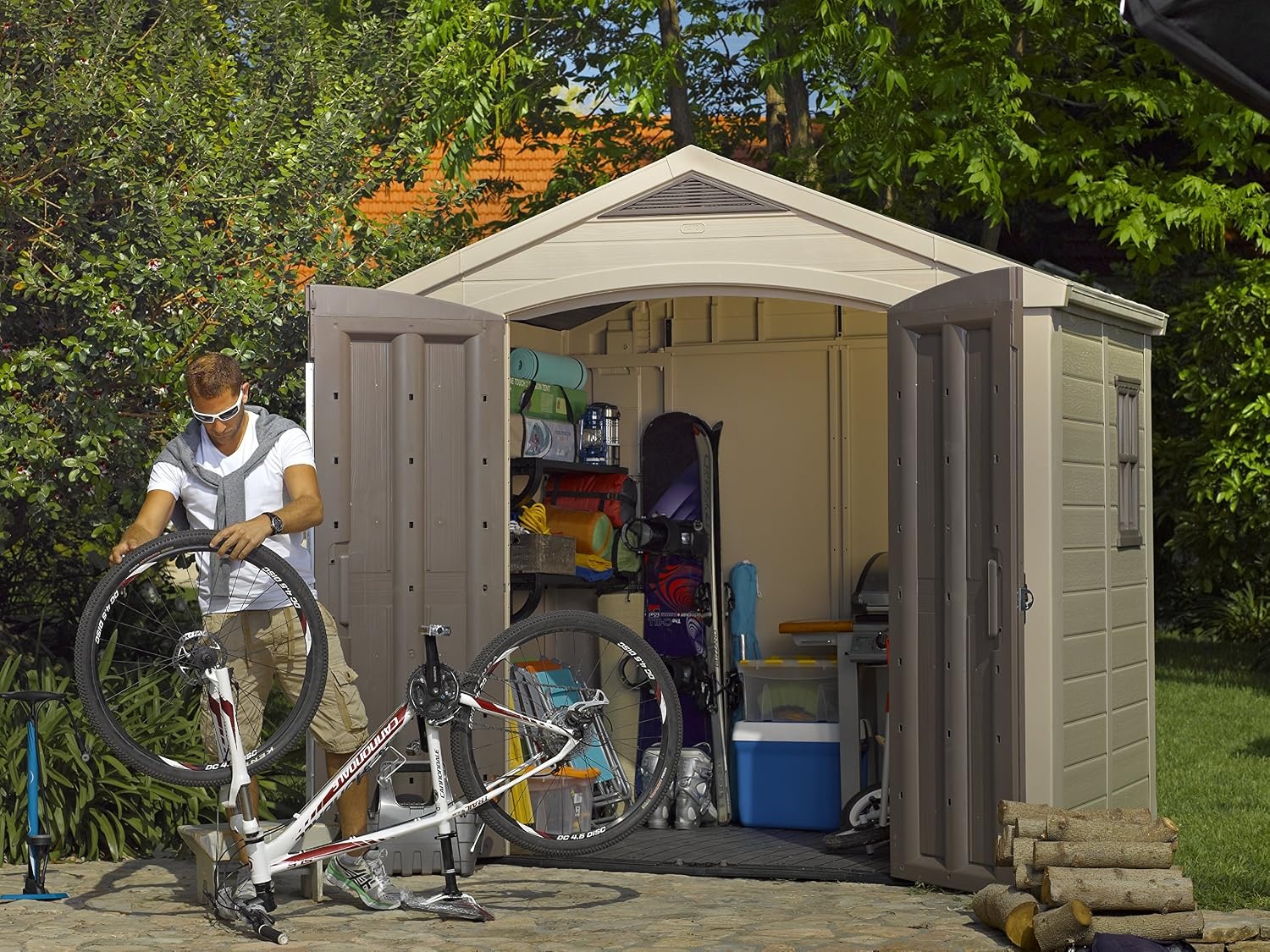 image:imageKeter Factor 8x8 Ft AllWeather Storage Shed with Skylight Window Builtin Ventilation Customizable Walls amp Lockable Double Doors Brown8x6 ft