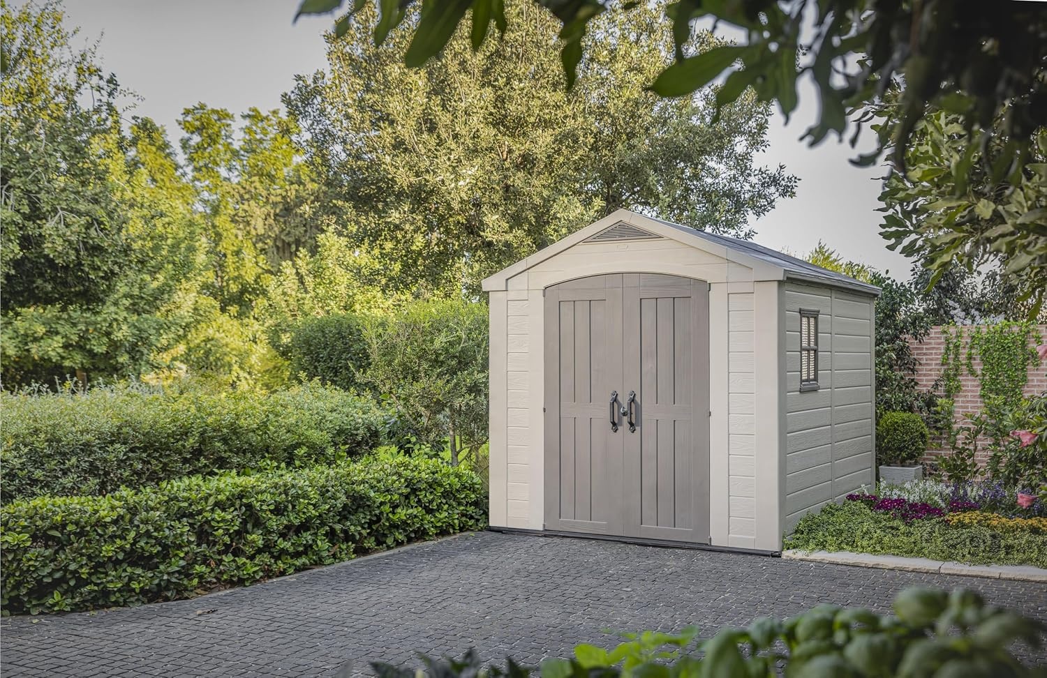 image:imageKeter Factor 8x8 Ft AllWeather Storage Shed with Skylight Window Builtin Ventilation Customizable Walls amp Lockable Double Doors Brown8x8 ft