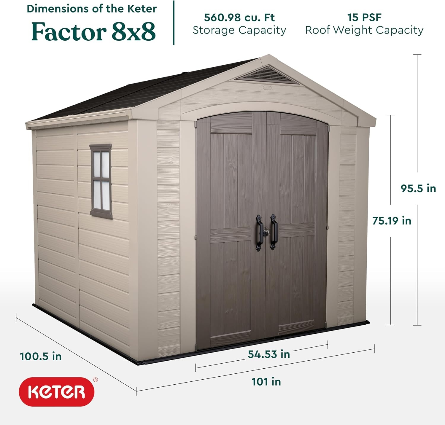 image:imageKeter Factor 8x8 Ft AllWeather Storage Shed with Skylight Window Builtin Ventilation Customizable Walls amp Lockable Double Doors Brown8x8 ft