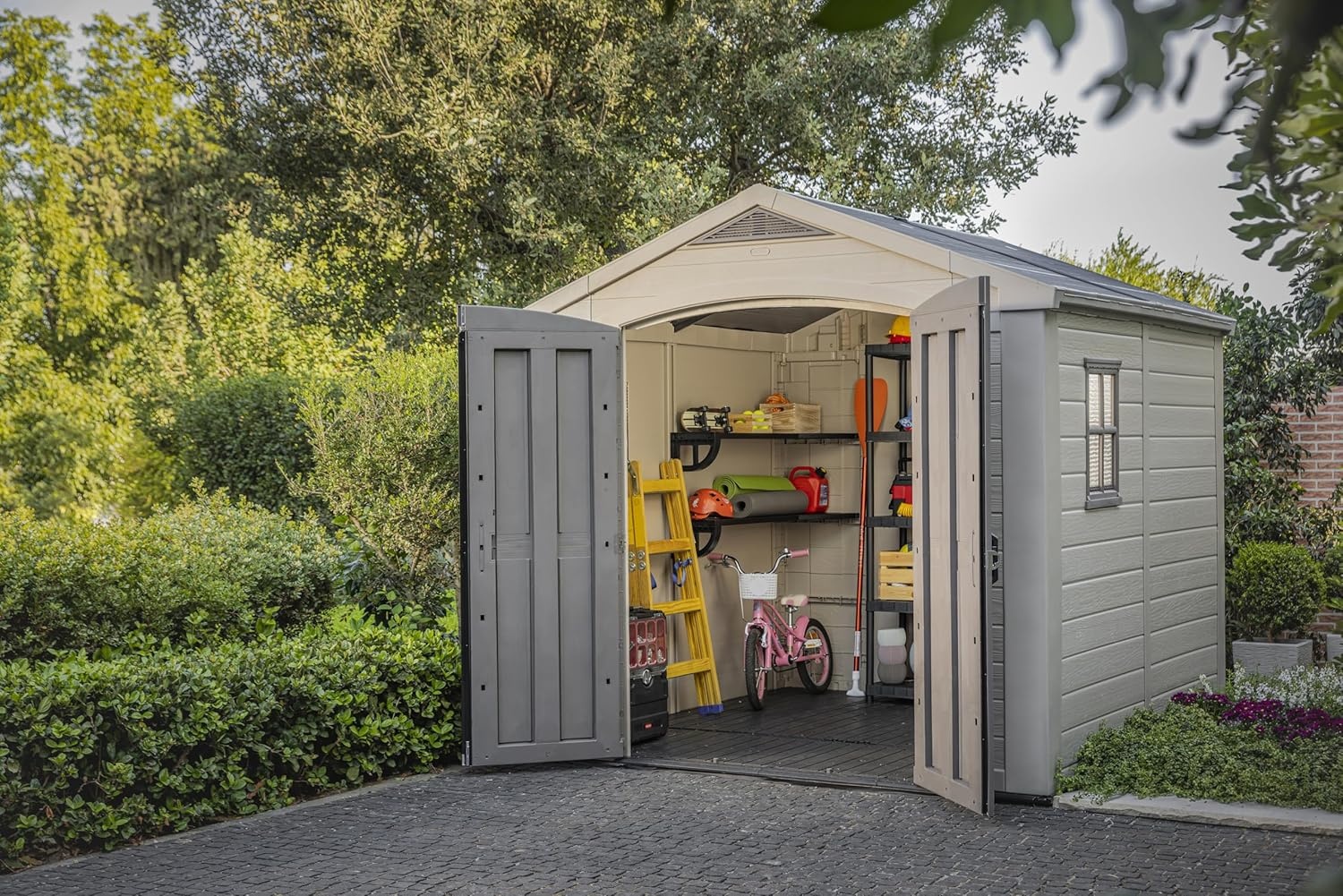 image:imageKeter Factor 8x8 Ft AllWeather Storage Shed with Skylight Window Builtin Ventilation Customizable Walls amp Lockable Double Doors Brown8x8 ft