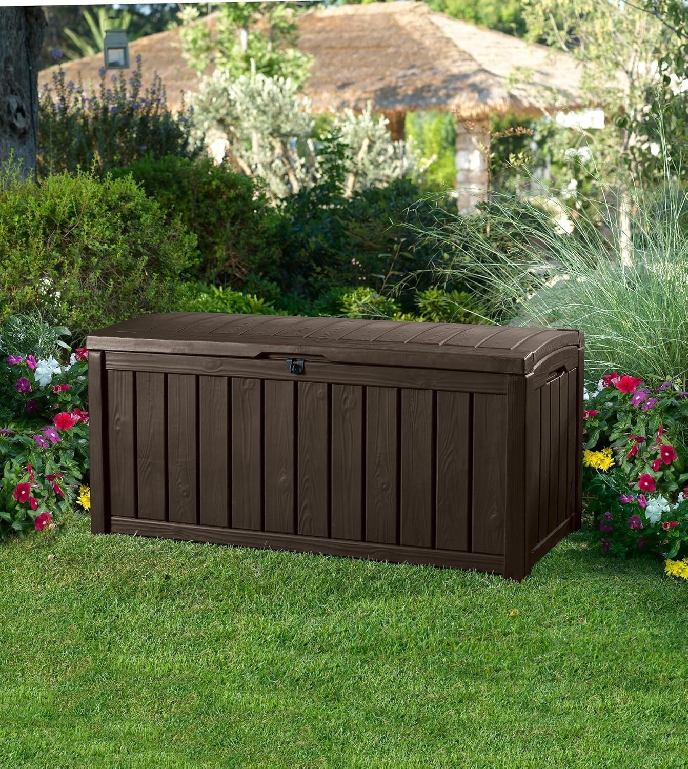 image:imageKeter Glenwood 101 Gallon Resin Large Deck BoxOrganization and Storage for Patio Furniture Outdoor Cushions Garden Tools and Pool Toys Grey amp Black