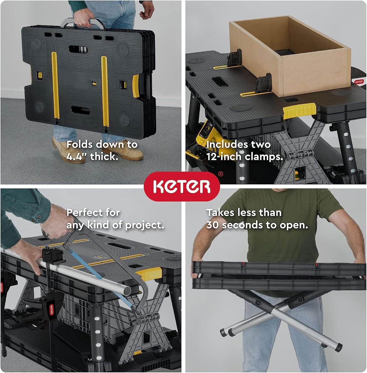 image:imageKeter HeavyDuty Folding Workbench with 1000 Pound Capacity Foldable Work Table for Garage Woodworking and Outdoor Workshop with 12 Inch Adjustable Clamps